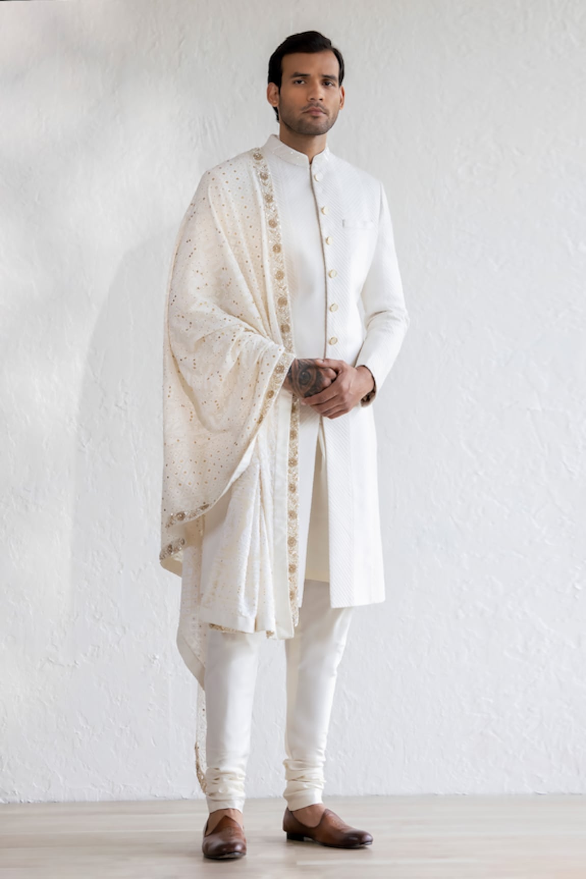 Qbik Purdil Pintuck Textured Sherwani Set