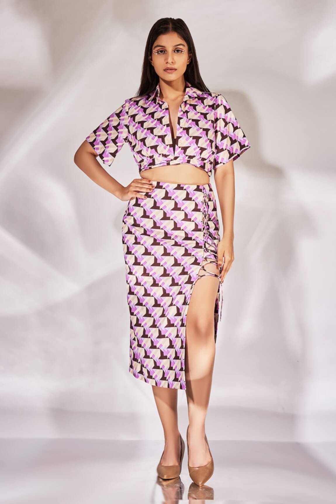 Senren By Eshana Raut Geometric Print Cropped Shirt With Midi Skirt