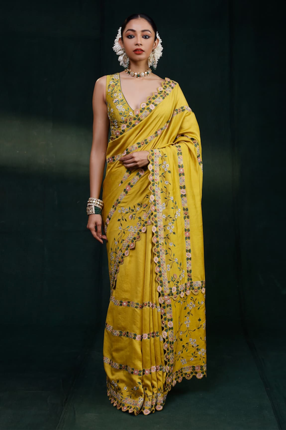 Rishi and Soujit Linear Floral Embroidered Saree With Sleeveless Blouse