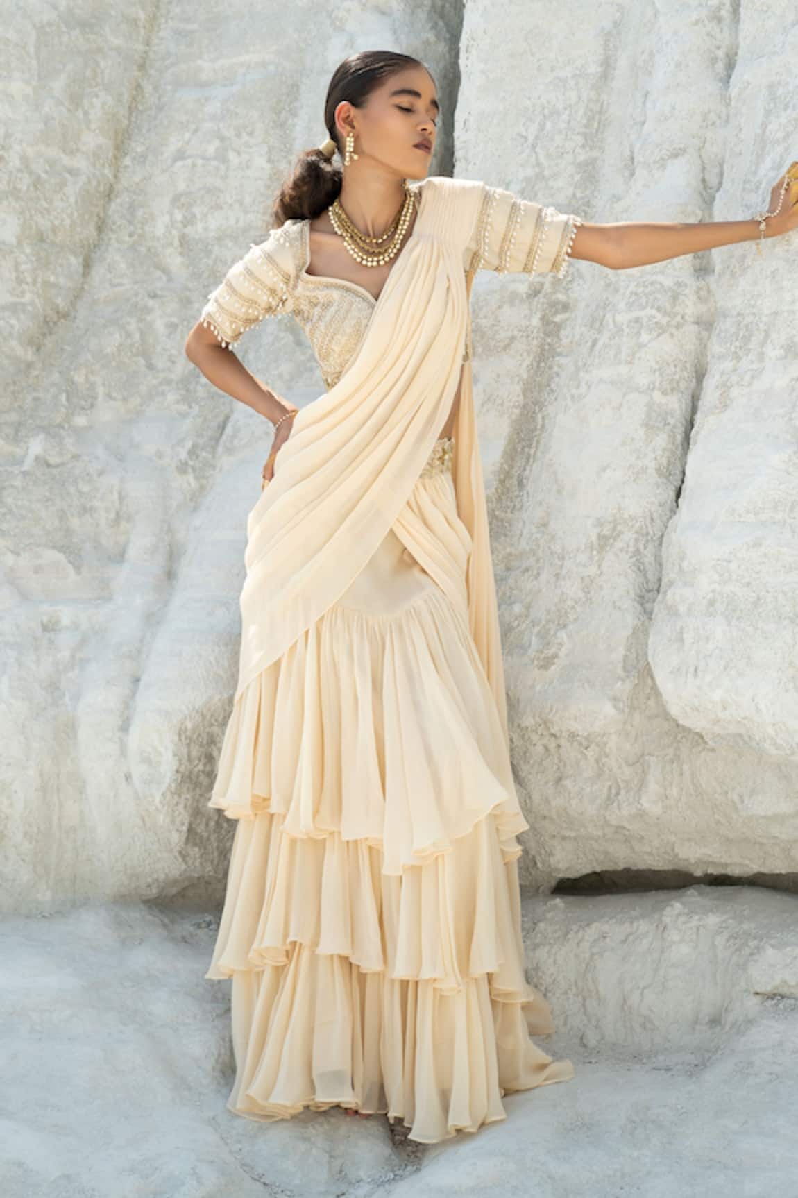 Seeaash Tiered Pre-Draped Saree With Blouse