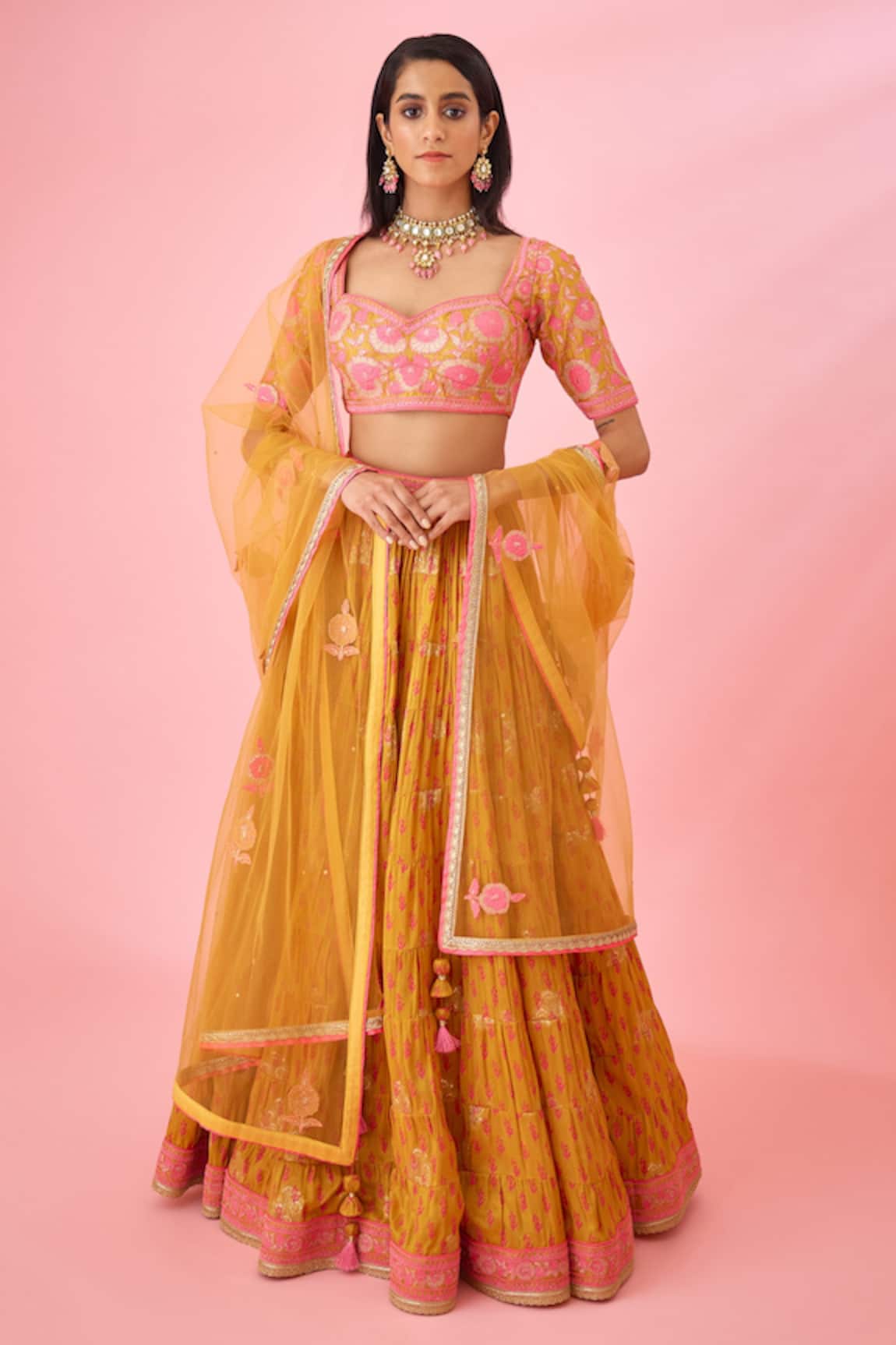 Shyam Narayan Prasad Tiered Lehenga Brocade Blouse Set 