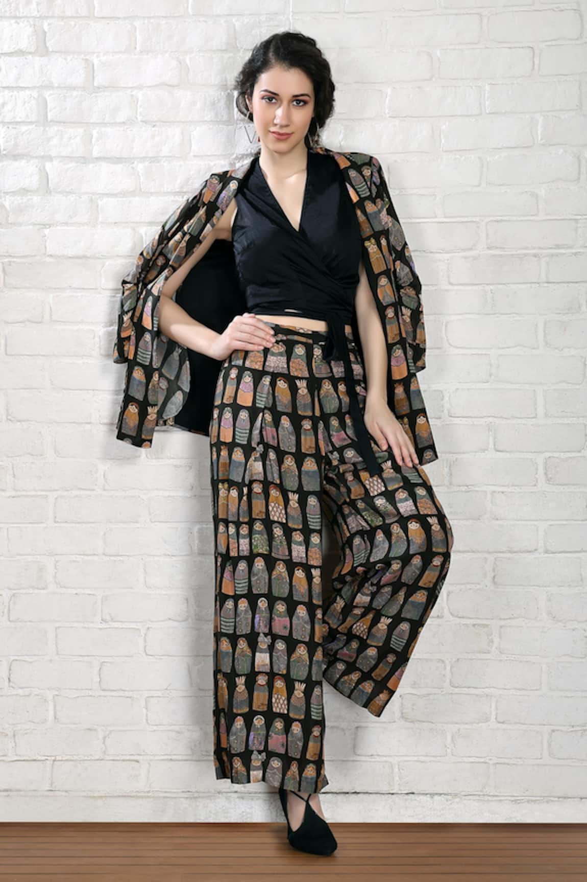 Whimsical By Shica Babushka Doll Print Jacket Flared Pant Set 