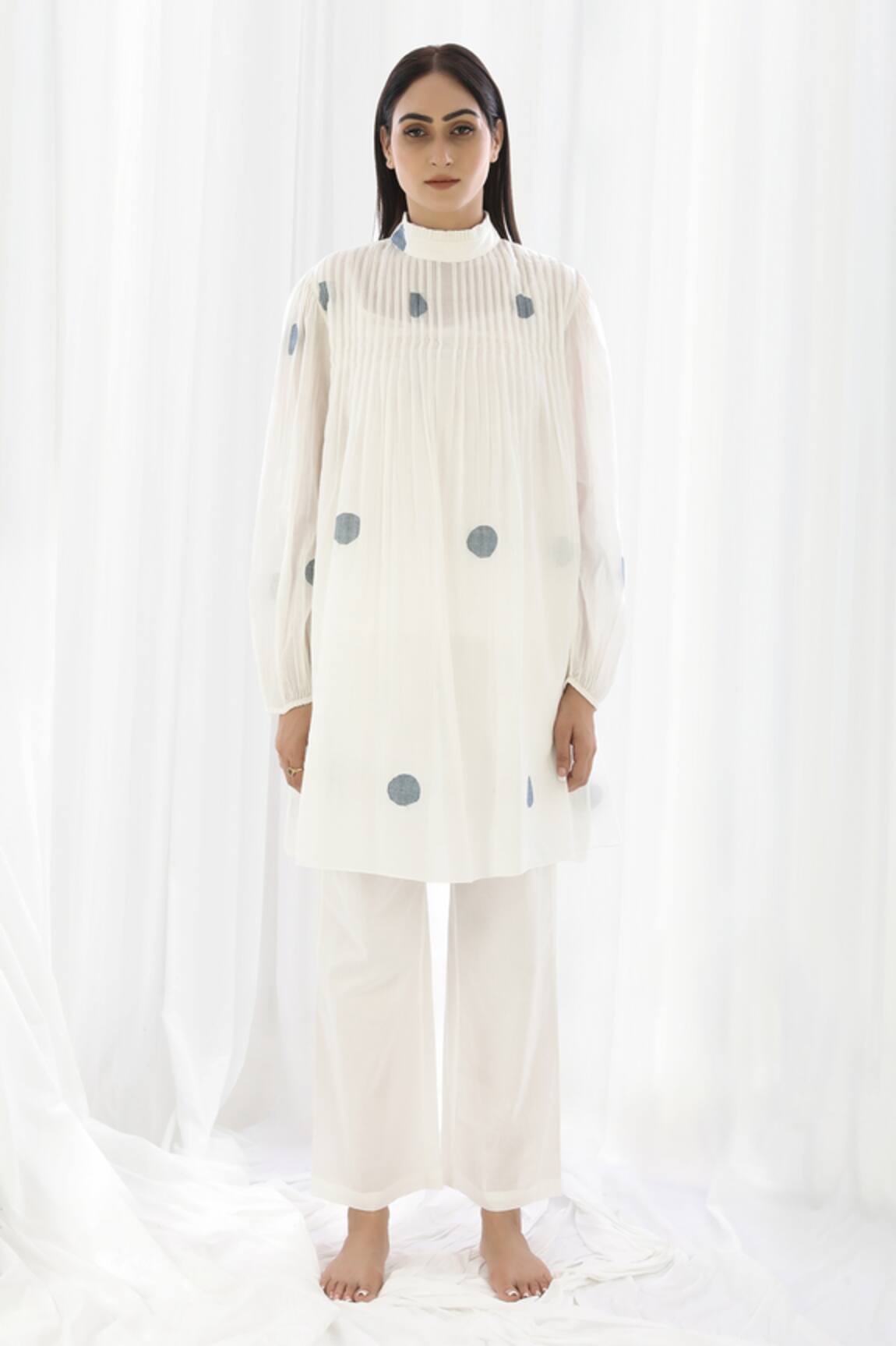 Khat Pleated & Polka Pattern Tunic & Pant Set 