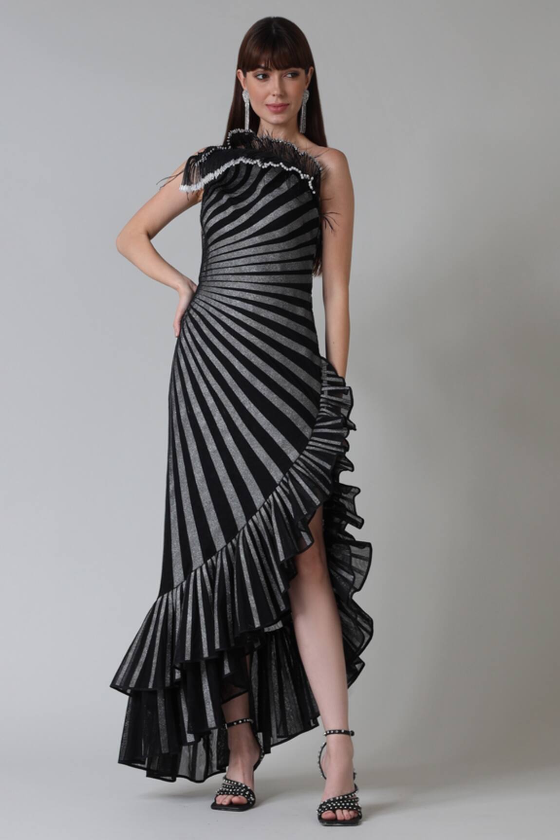 Geisha Designs Sabrina Metallic Stripe Print Dress