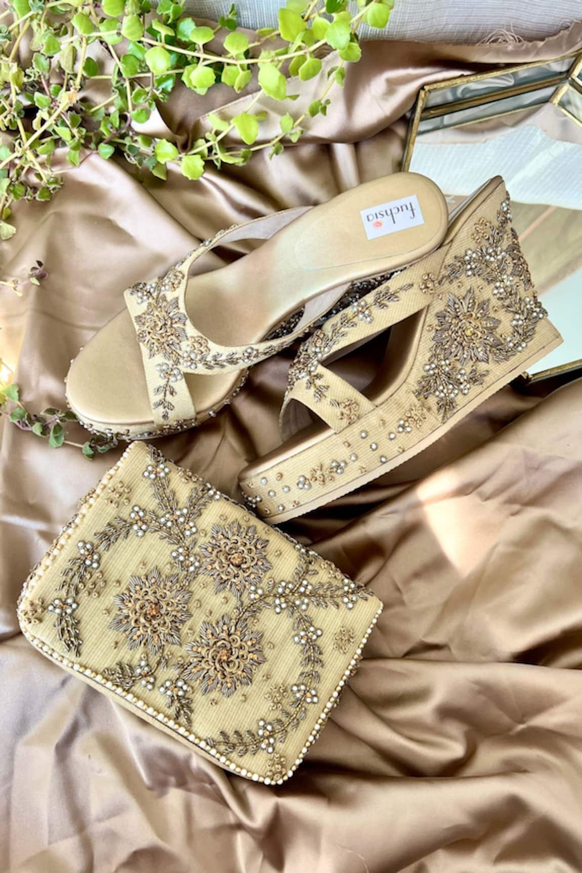 Fuchsia Nargis Floral Embroidered Wedges & Clutch Set 