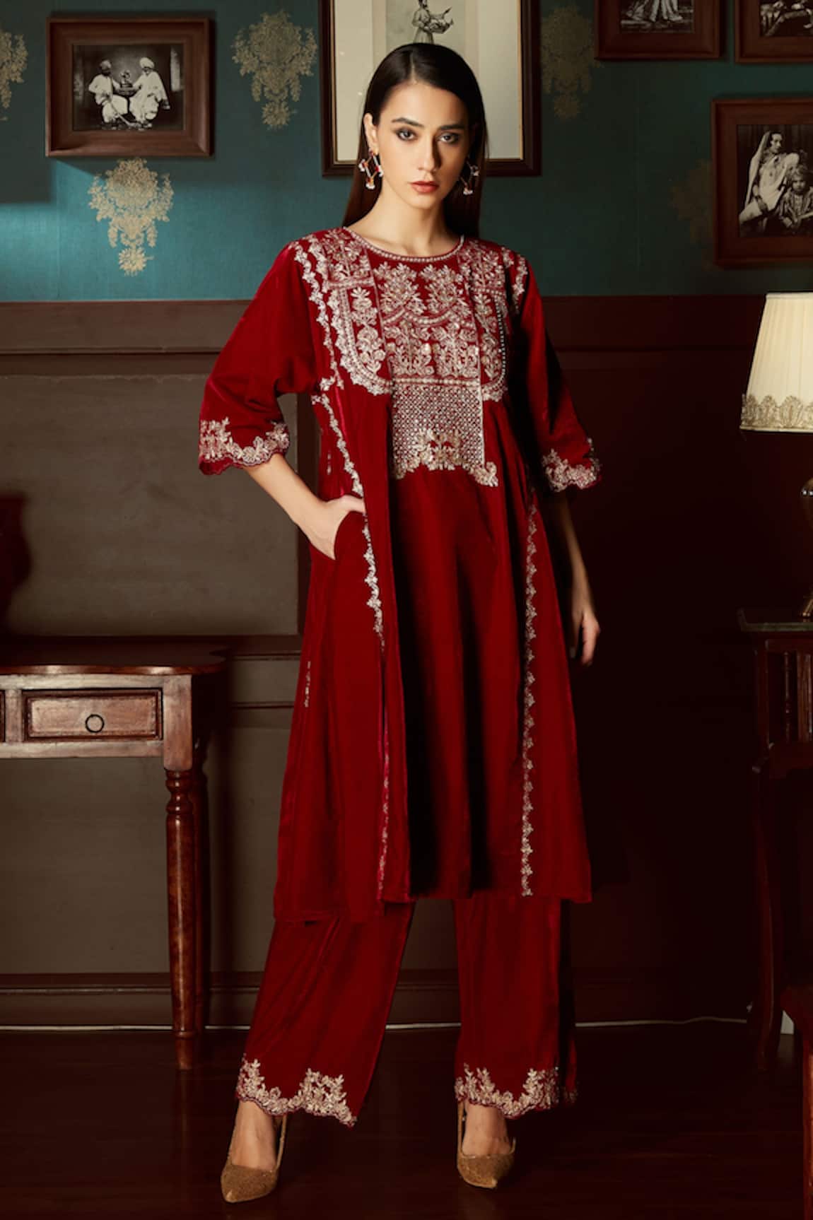 Priyanka Jain Velvet Embroidered Kurta & Palazzo Set 