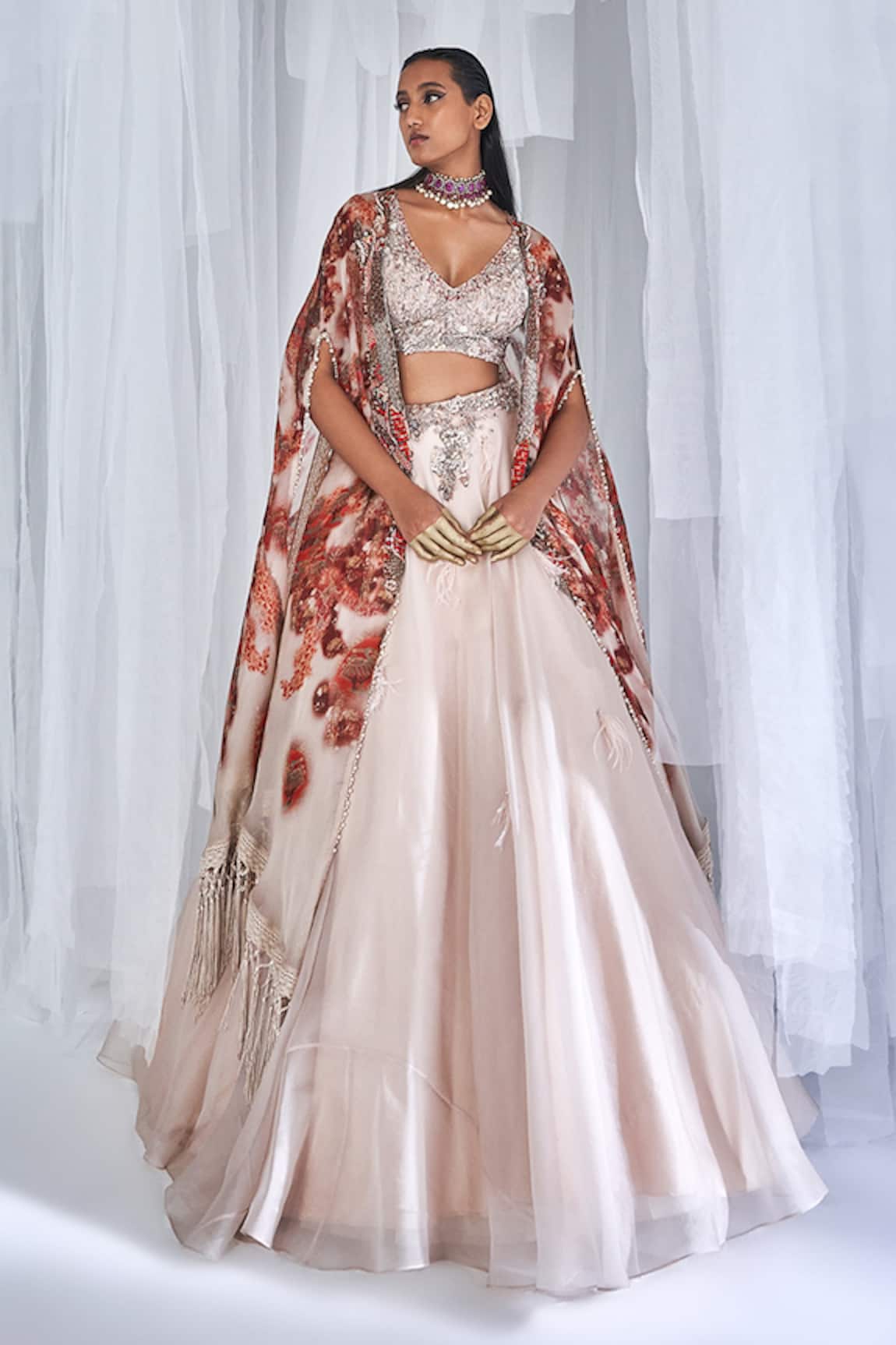 Dolly J Pixie Organza Lehenga Set With Printed Cape