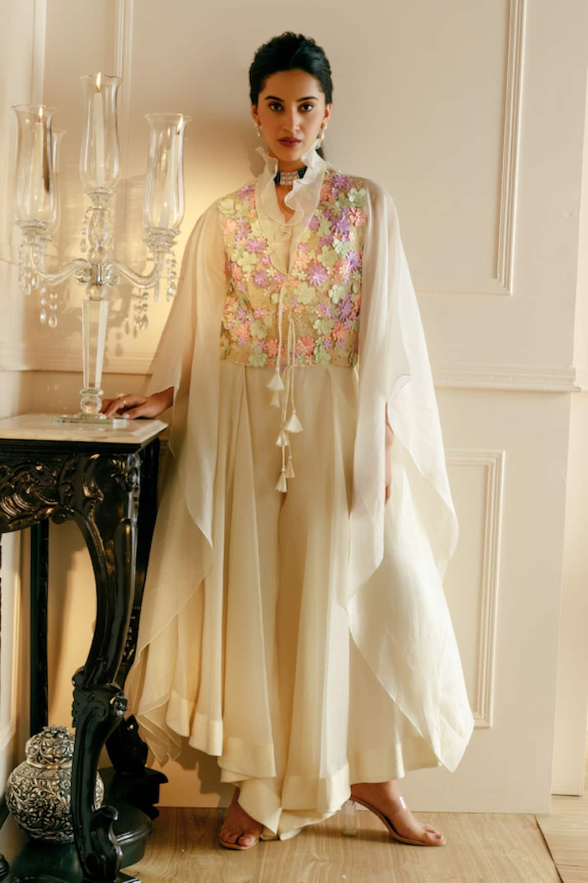 Nehha Nhata 3D Floral Embroidered Top & Asymmetric Pant Set