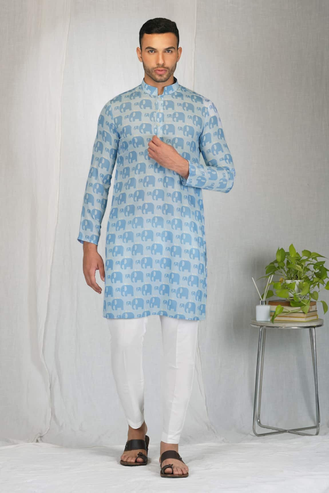 Eleven Brothers Silk All Over Elephant Print Kurta & Pant Set