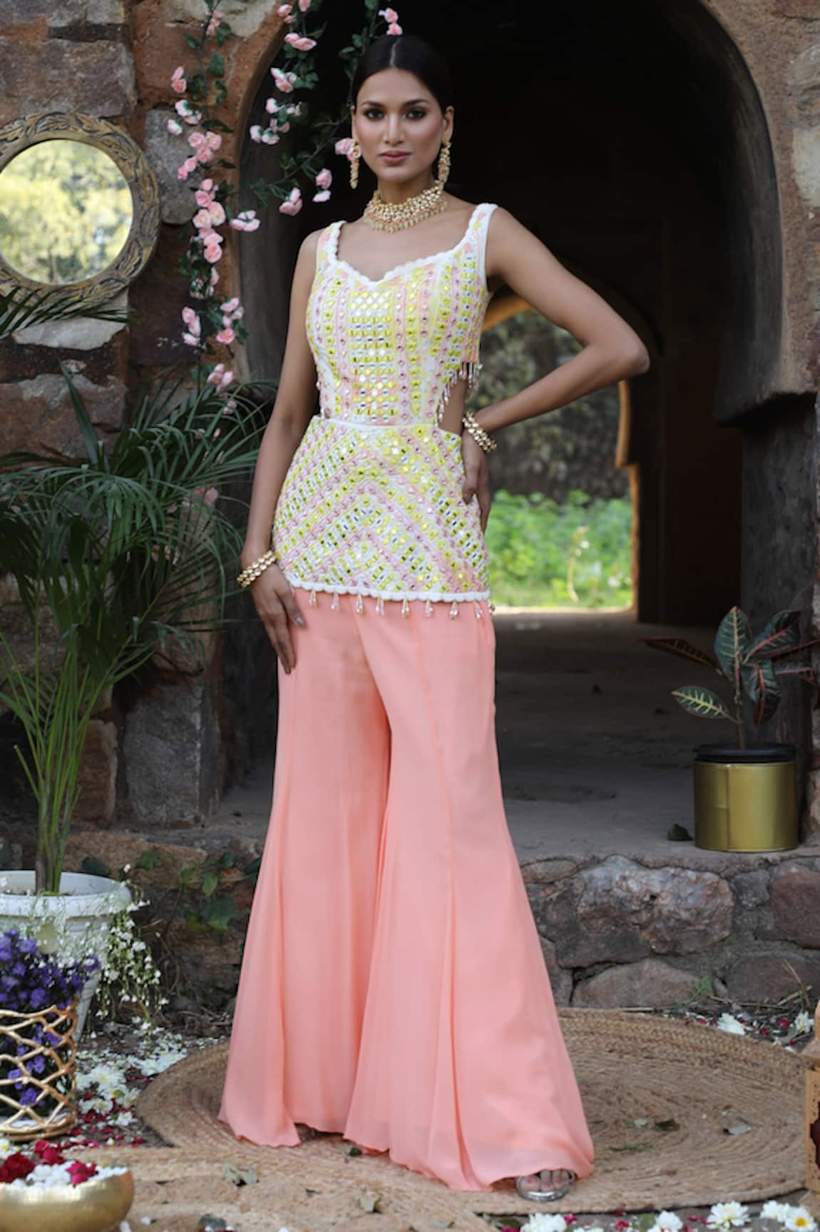 Nitisha Kashyap Official Mirror Embroidered Short Kurta & Sharara Pant Set 