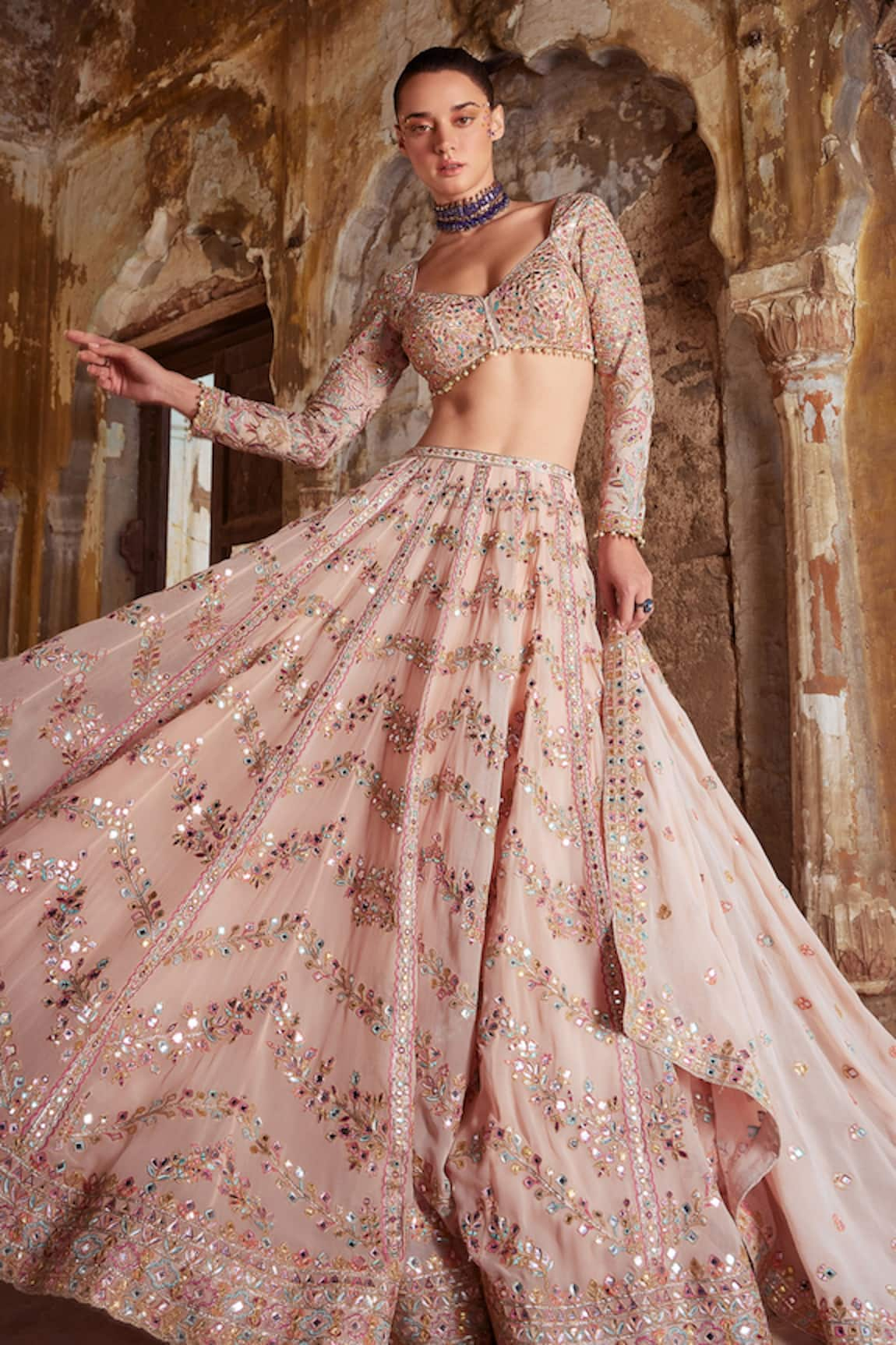 Tamanna Punjabi Kapoor Chevron Mirror Embroidered Bridal Lehenga Set