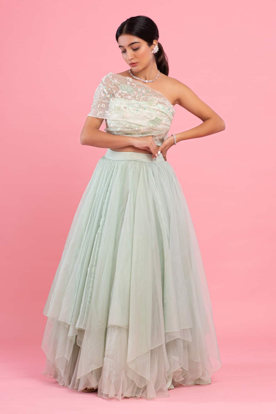 PIRI INDIA Hand Embroidered One-Shoulder Crop Top & Lehenga Set