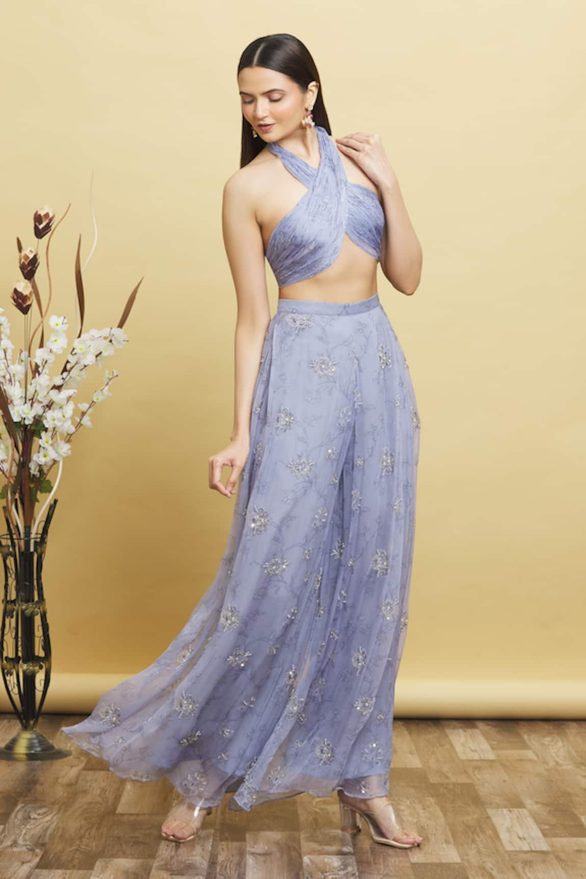 Pleats by Kaksha and Dimple Halter Neck Crop Top & Flared Pant Set