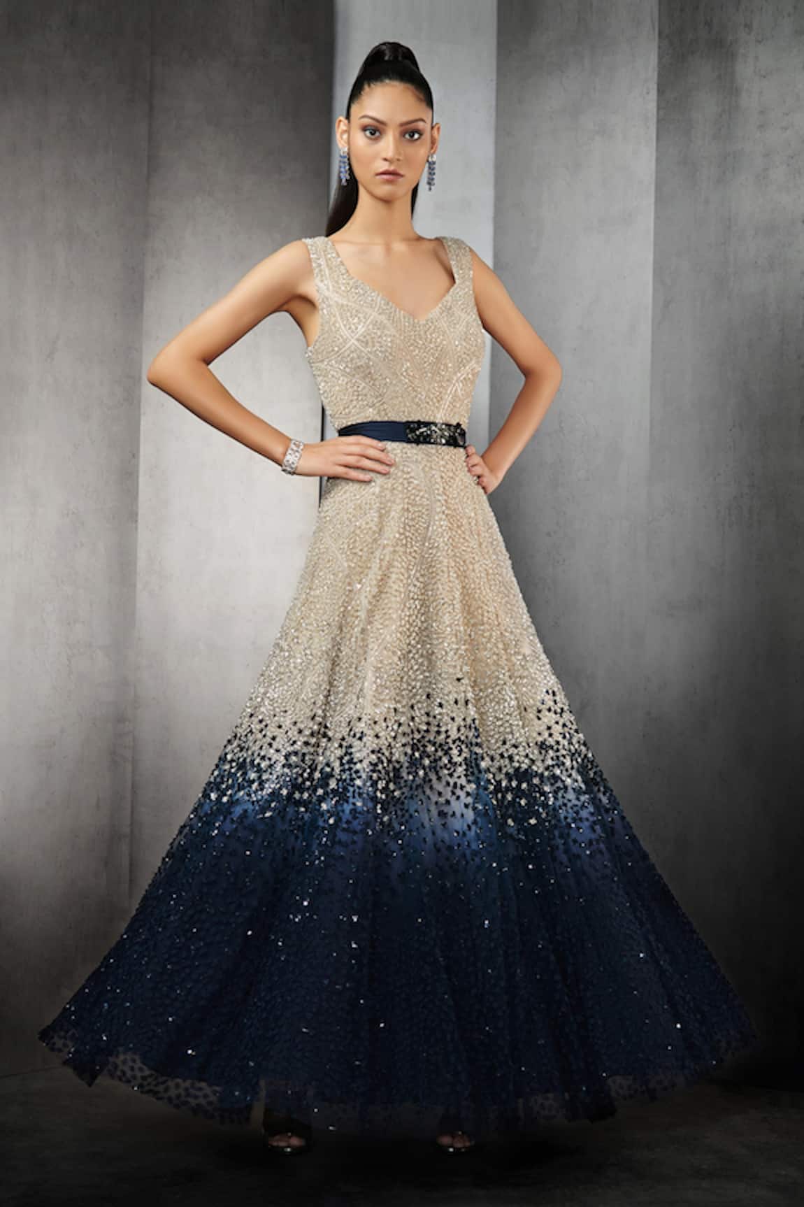 Rohit Gandhi + Rahul Khanna Mist Skyfall Ombre Gown With Belt
