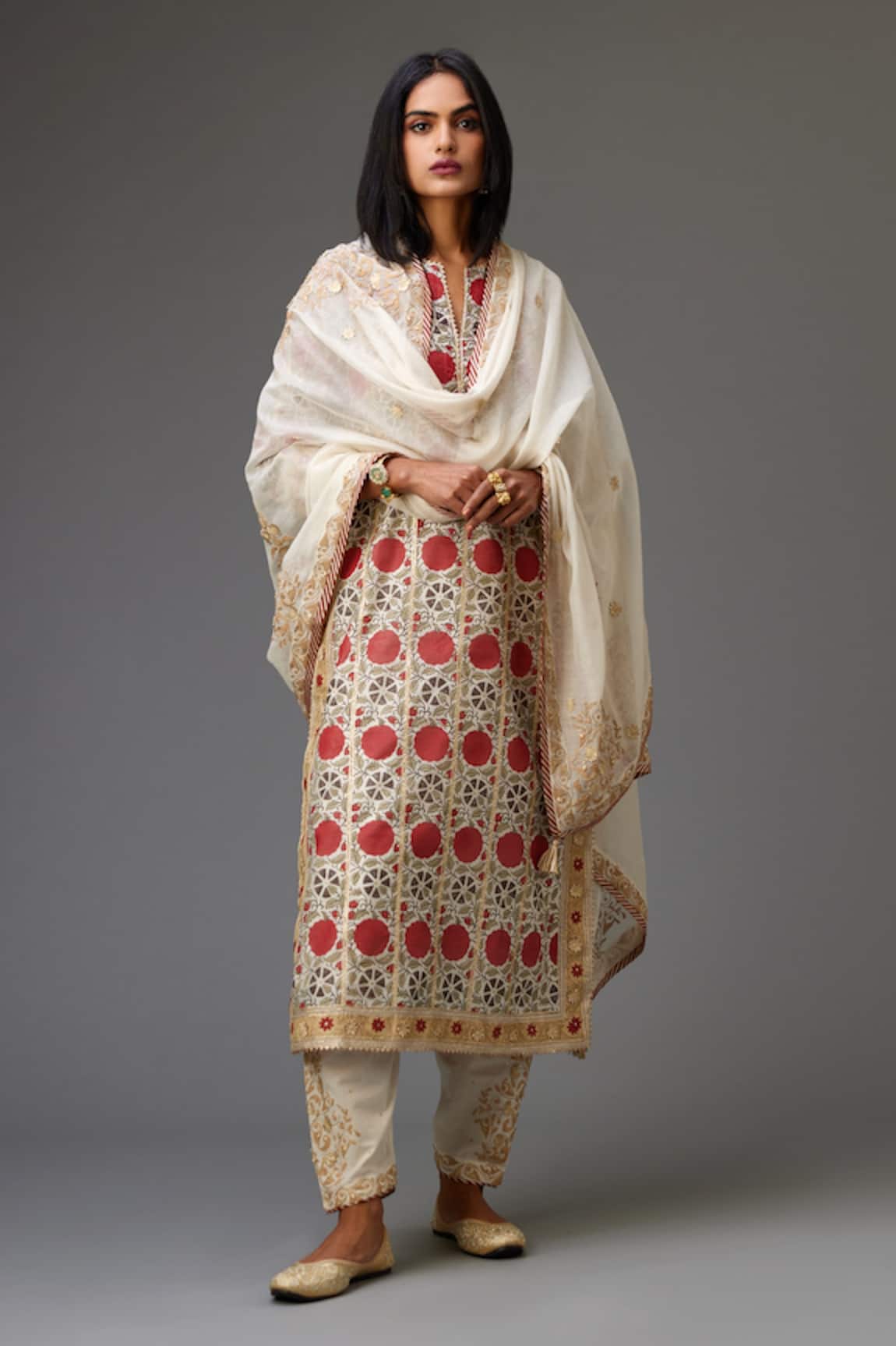 Kora Silk Chanderi Stripe Hand Block Print Kurta Set