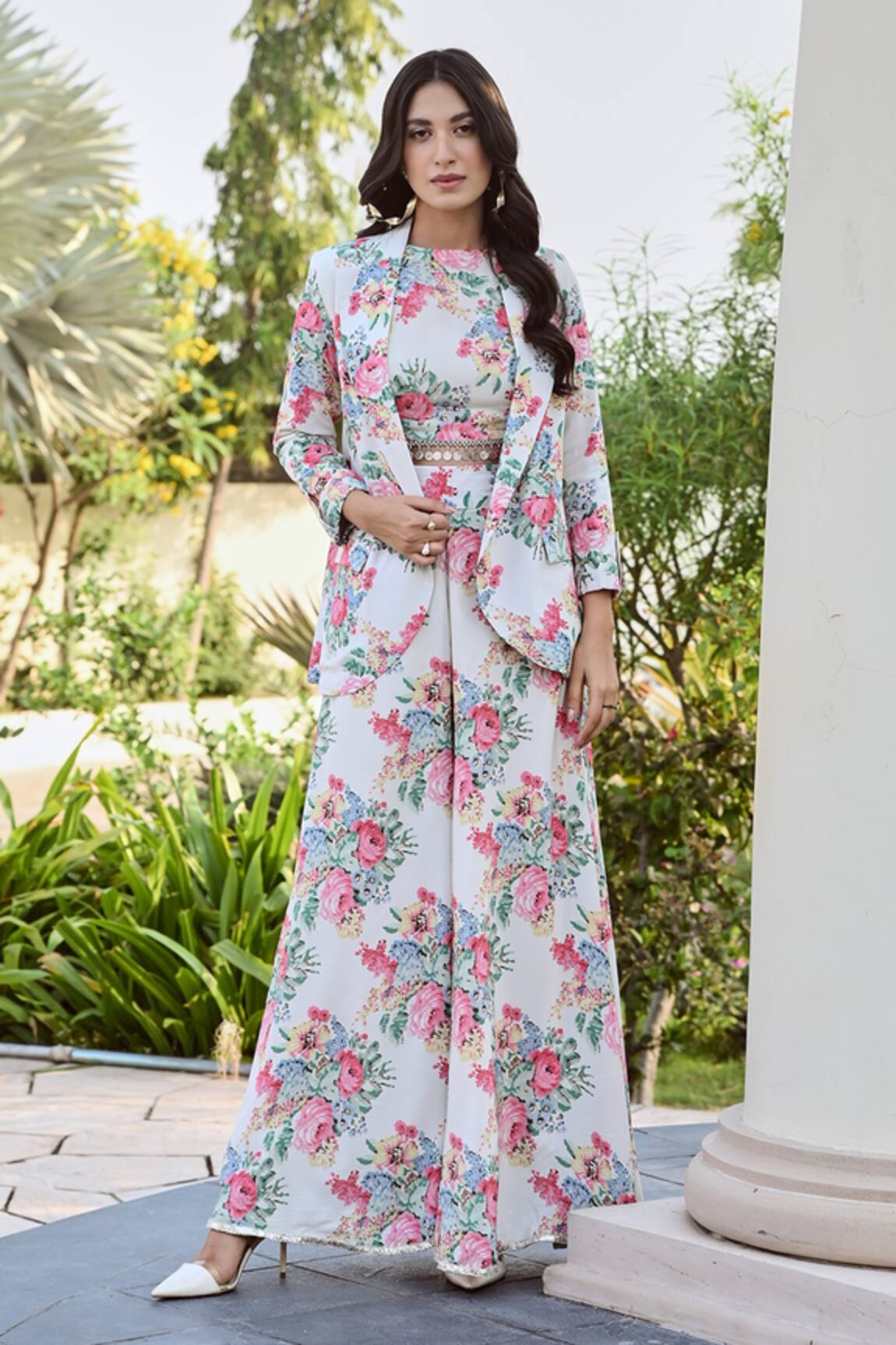 Palak & Mehak Lisa Blossom Print Blazer Flared Pant Set