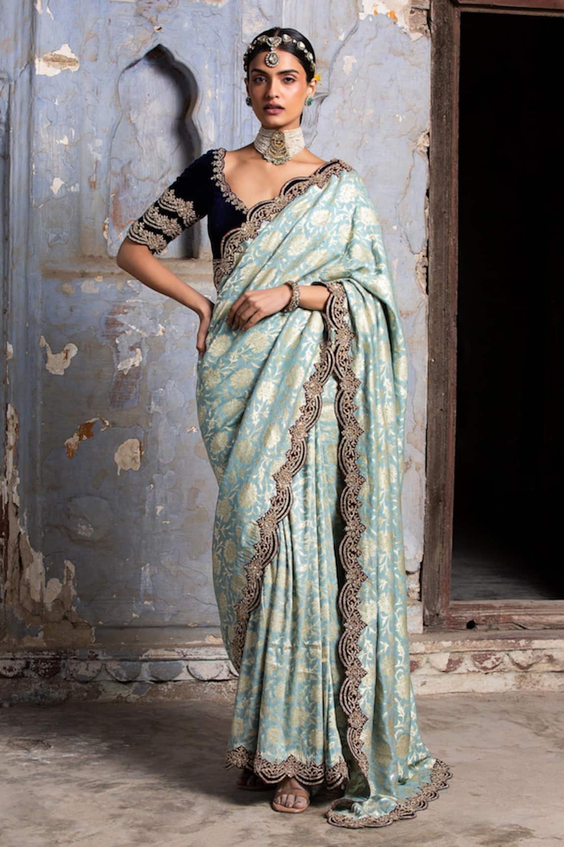 Nitika Gujral Floral Woven Saree With Velvet Blouse