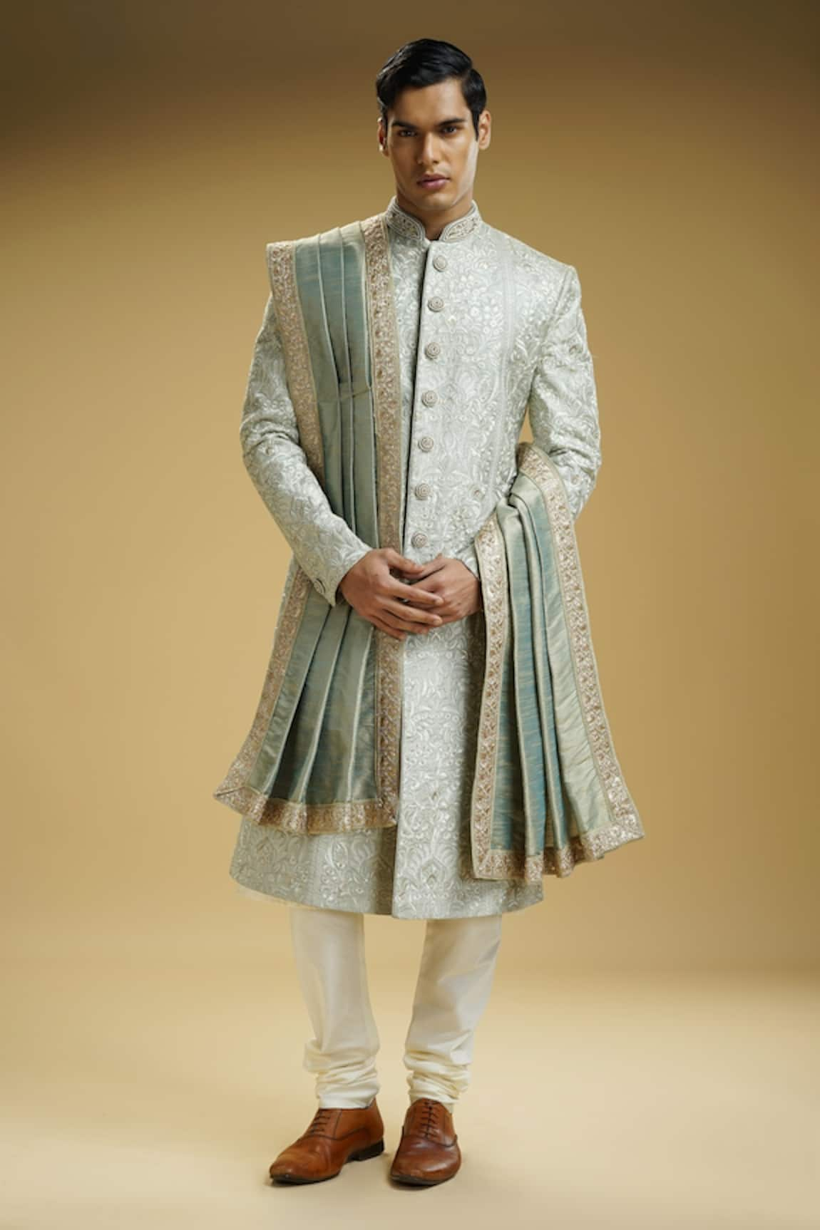 Kommal Sood Flower Embroidered & Emboss Effect Sherwani Set