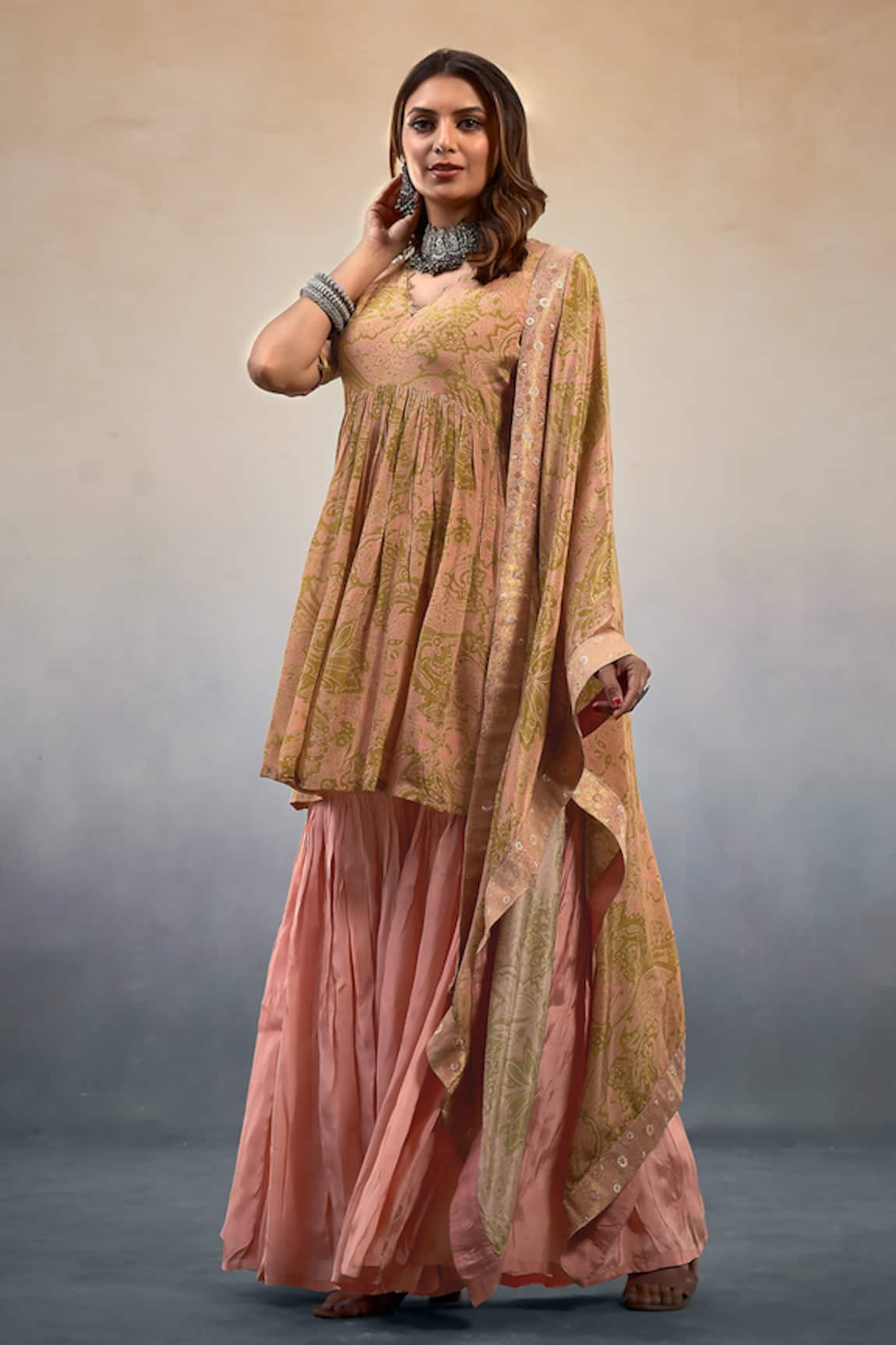 Affroz Paisley Print Peplum Kurta Sharara Set