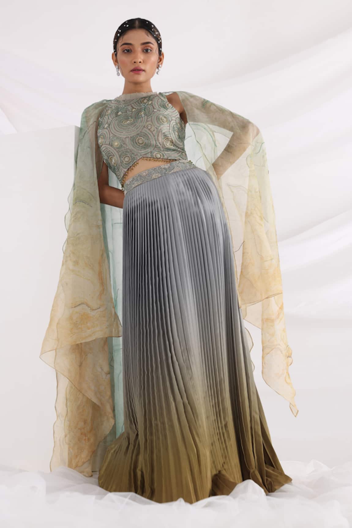 Smriti By Anju Agarwal Marbellous Ombre Cape & Pleated Skirt Set 