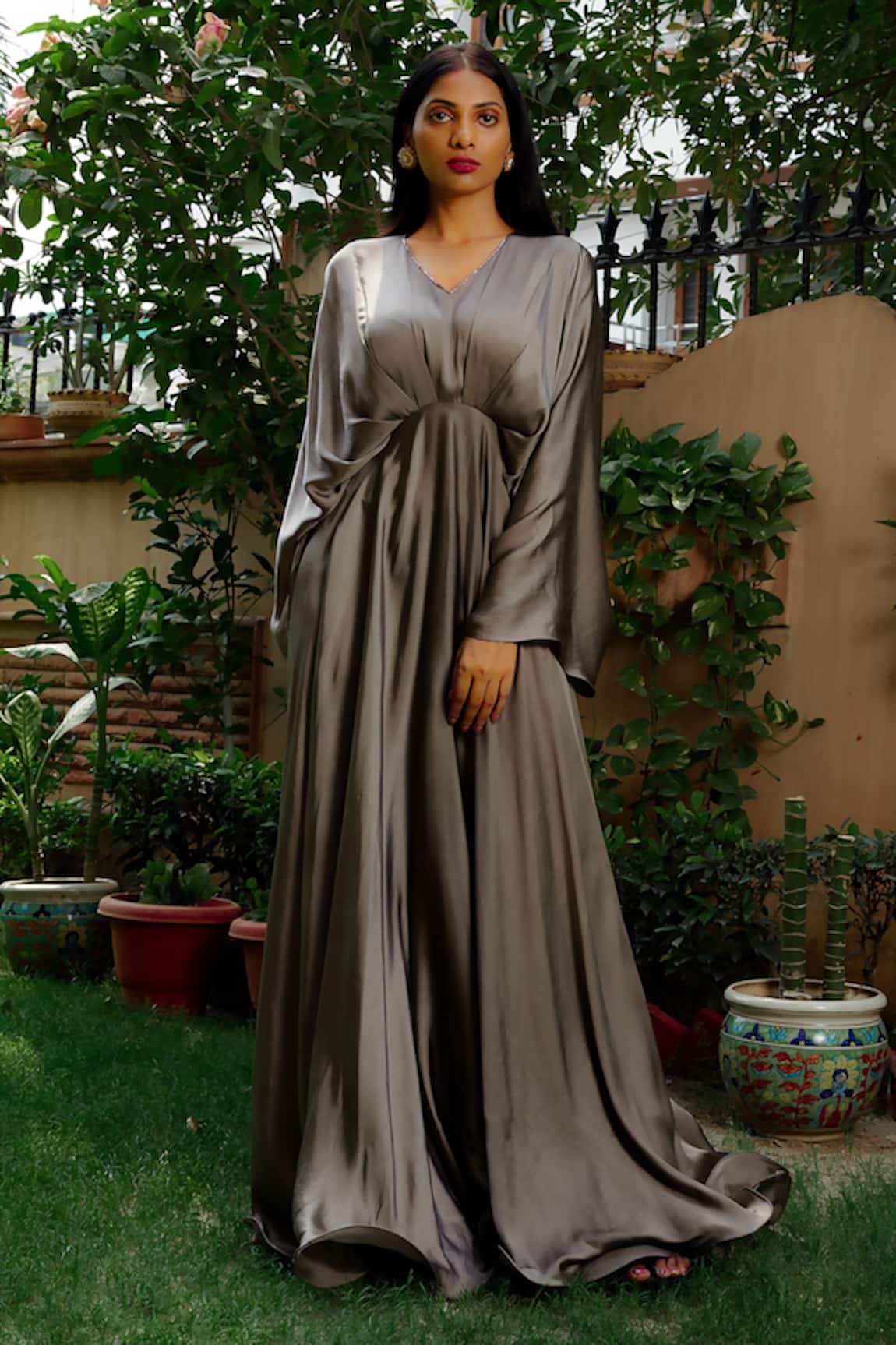 OMANA BY RANJANA BOTHRA Gunmetal Flared Gown 