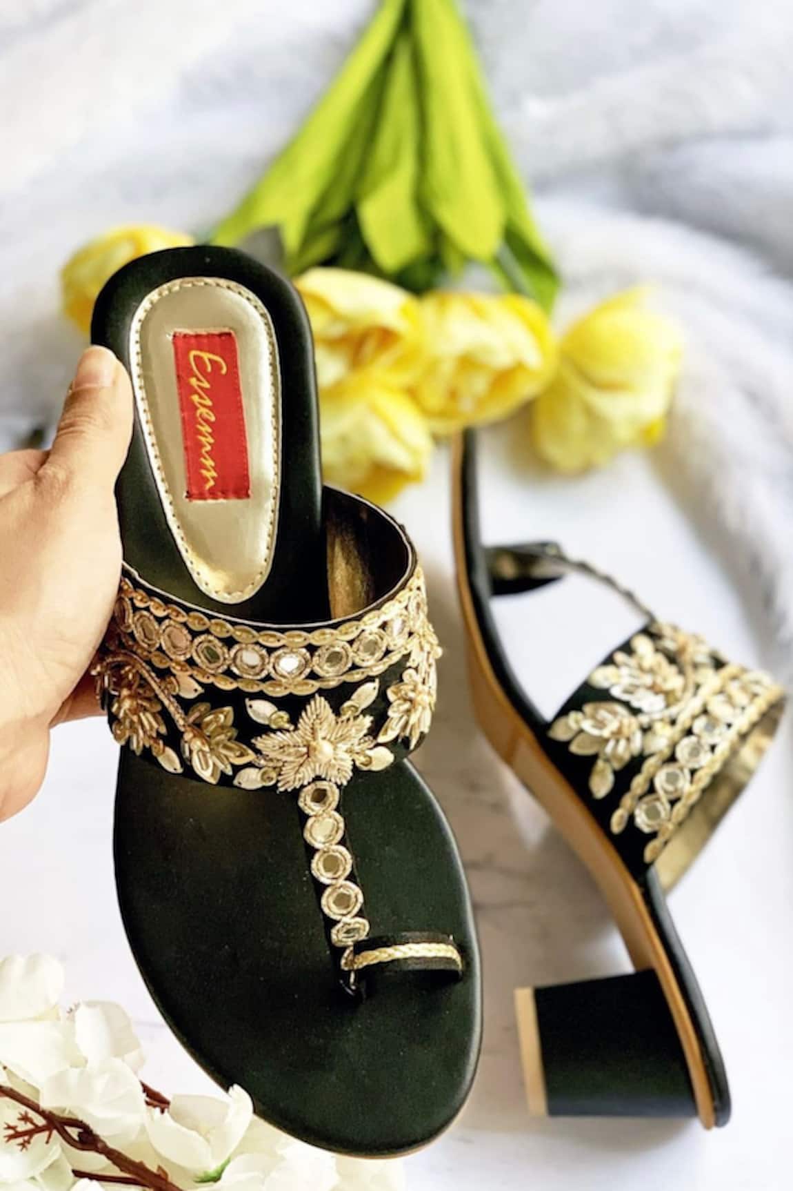 Essemm Black Embroidered Kolhapuri Block Heels