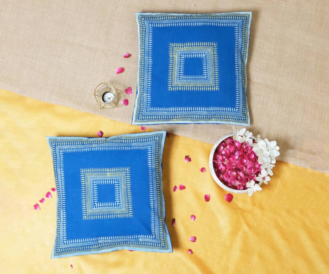 Inheritance India Square Border Cotton Cushion Covers - Set of 4