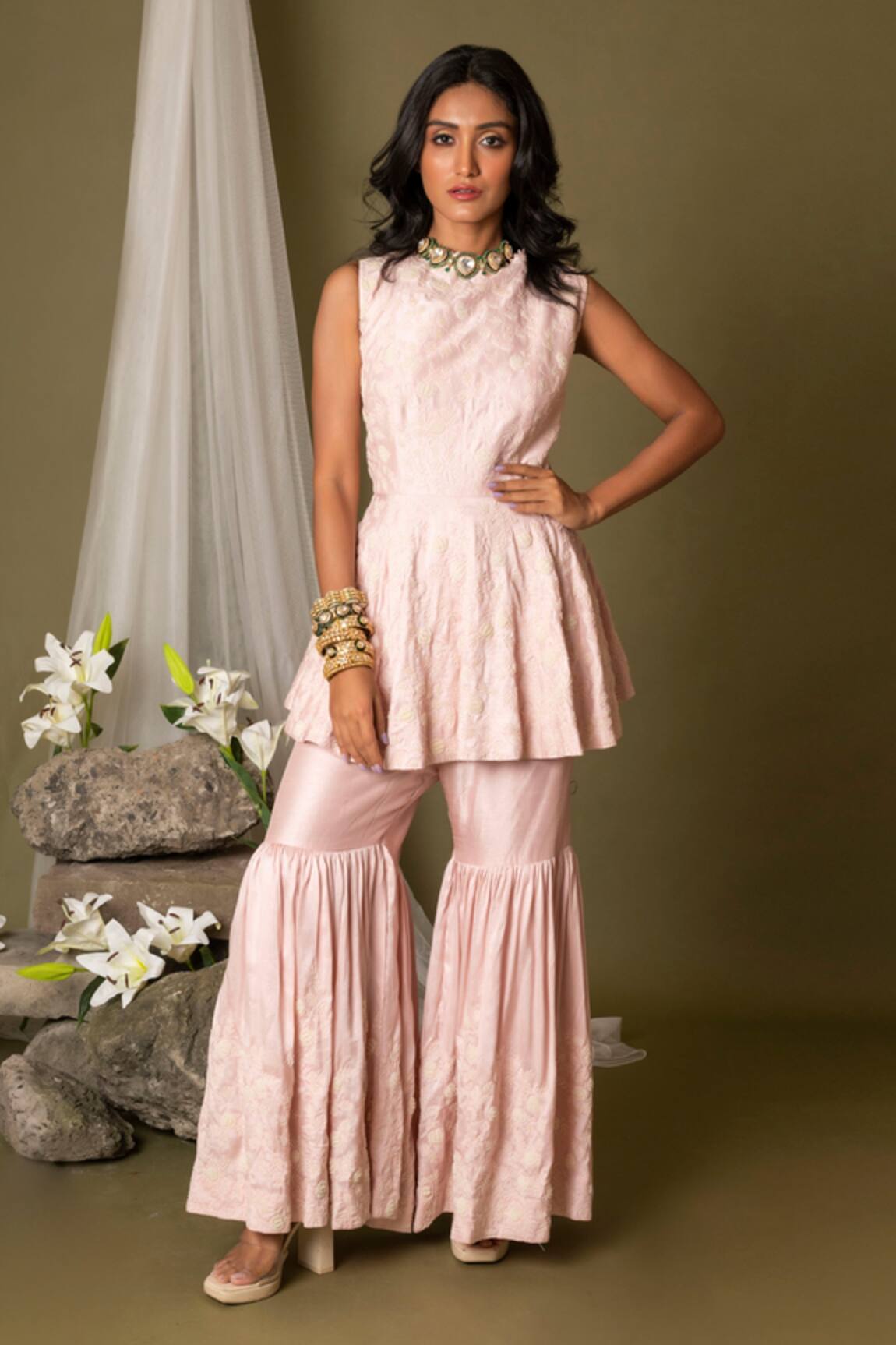 Pds By Sneha Pearl Embroidered Silk Flared Kurta & Sharara Set 