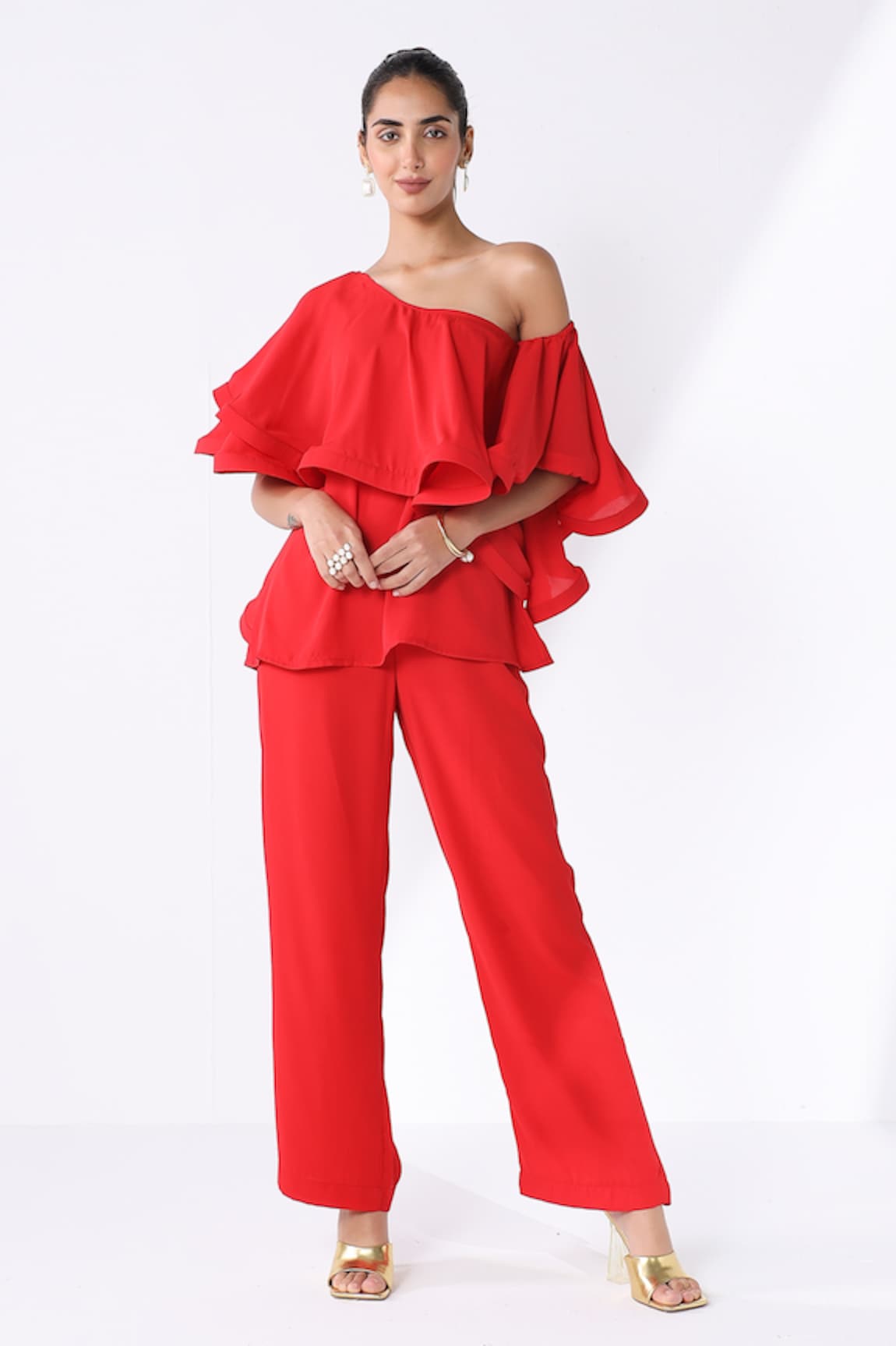 Ashico Draped One-Shoulder Blouse & Pant Set