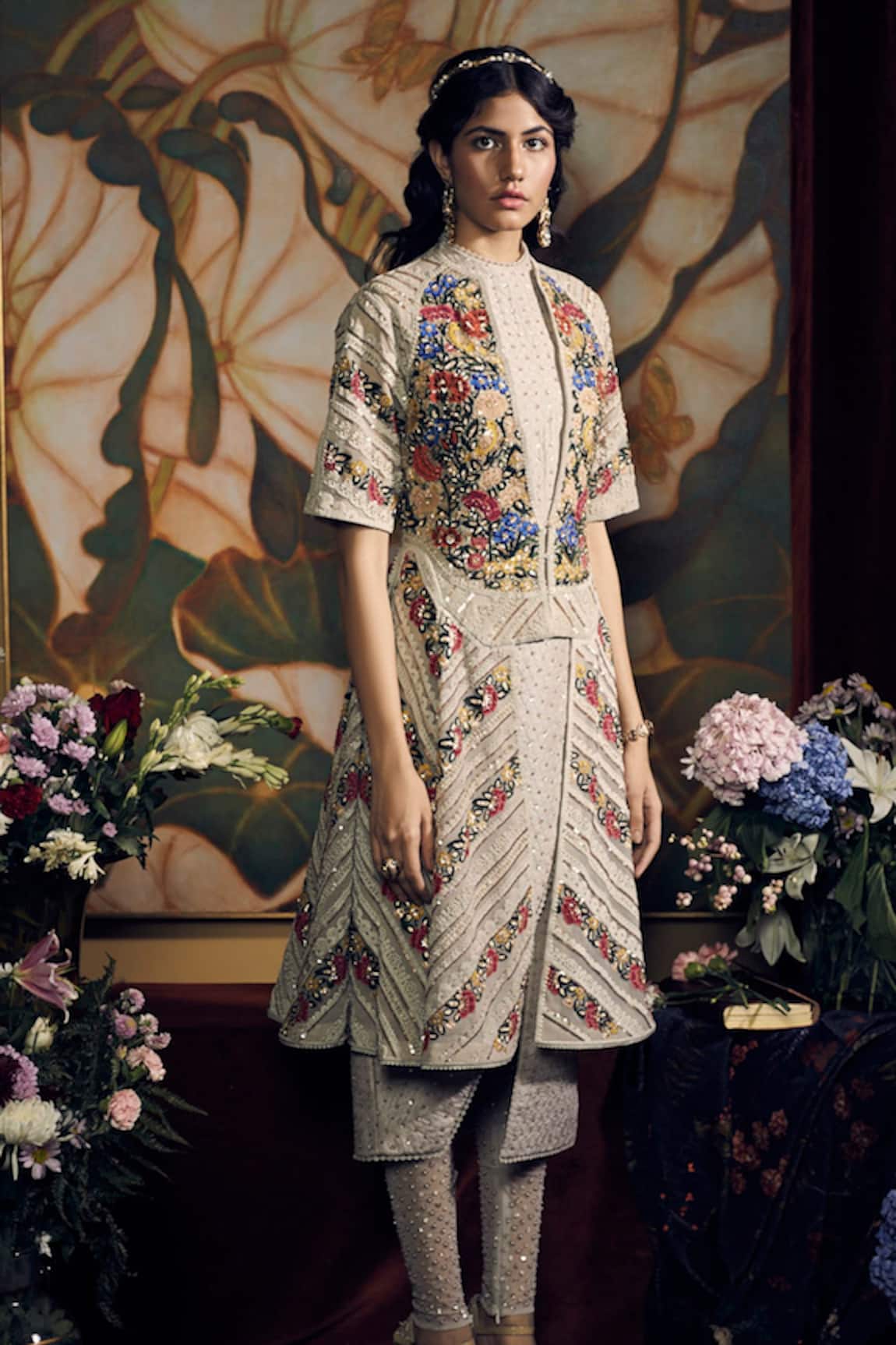 Sahil Kochhar Floral Silk Thread Embroidered Jacket Kurta Set