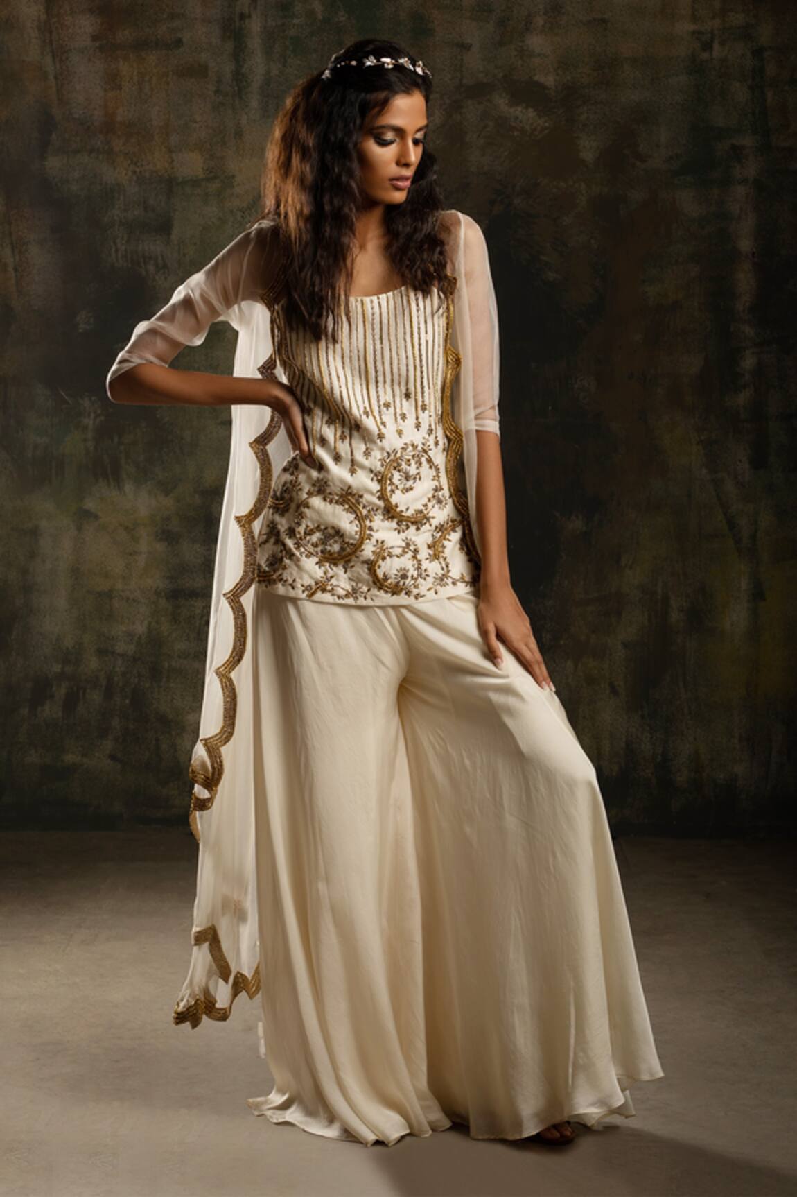 Mona And Vishu Asymmetric Hem Embellished Jacket Kurta Set 