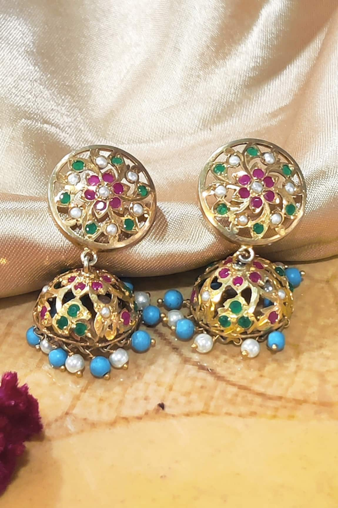 Devanshi Renu Jewels Handcrafted Stone Embellished Jhumkas