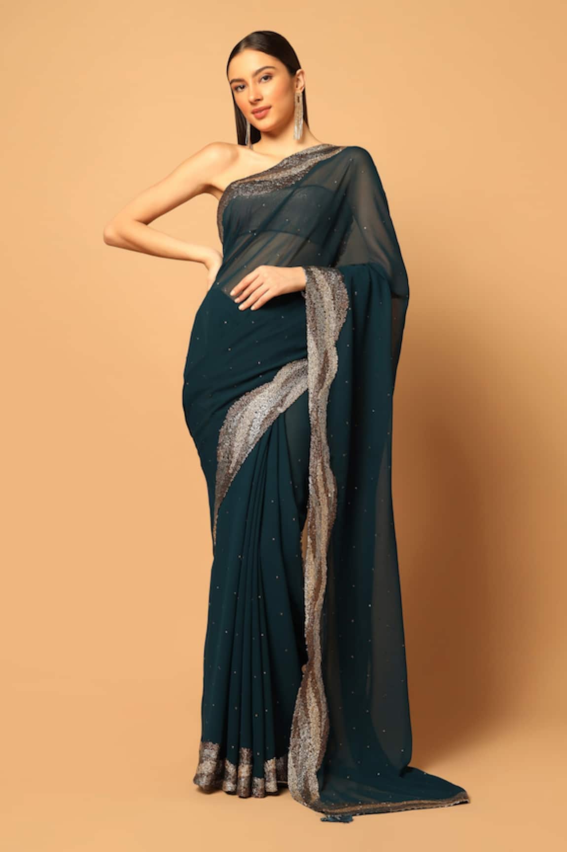 Two Sisters By Gyans Wave Pattern Sequin Embroidered Saree With Unstitched Blouse Fabric