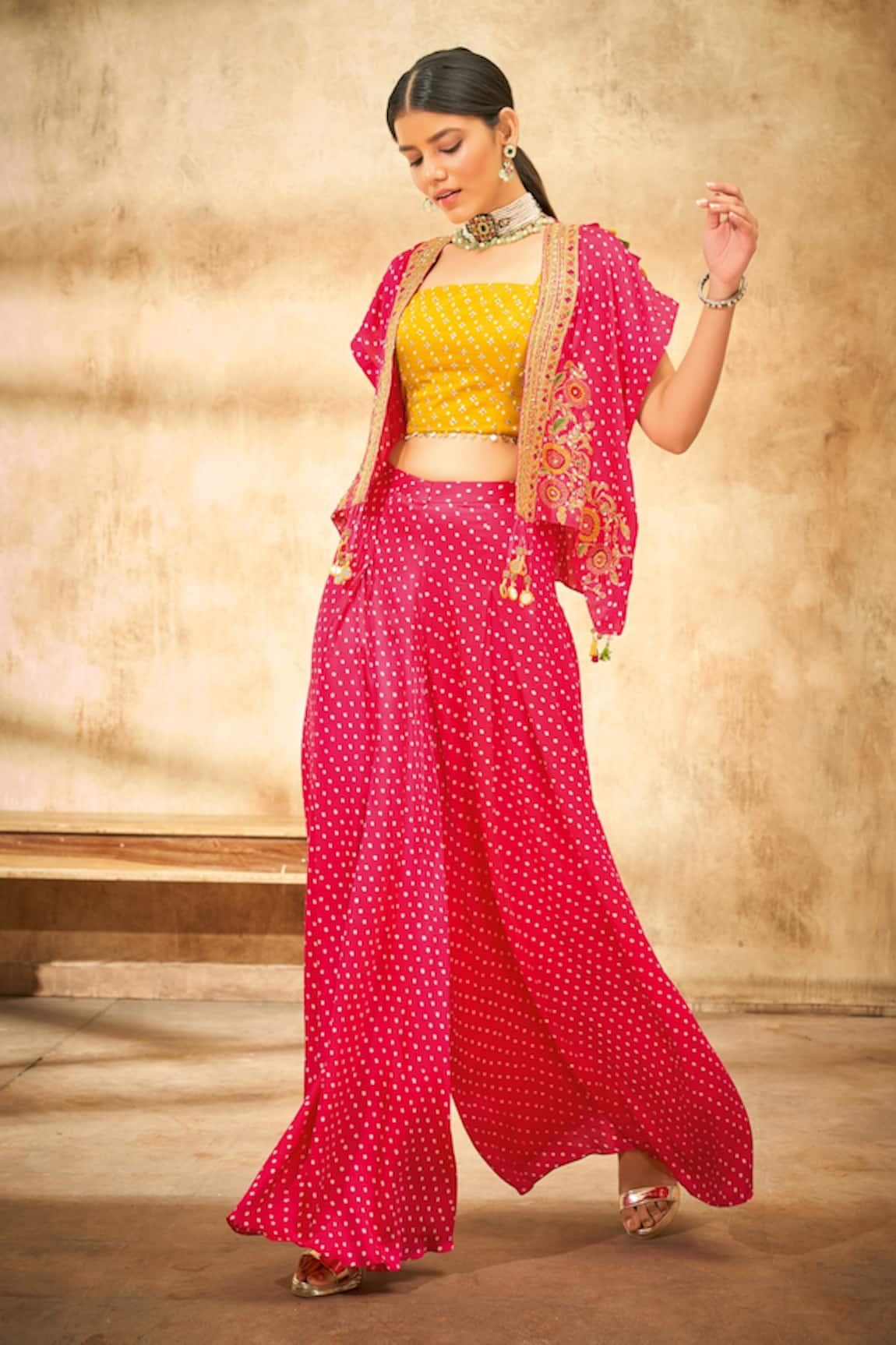 Aditi Somani Bandhani & Floral Embroidered Jacket Palazzo Set 