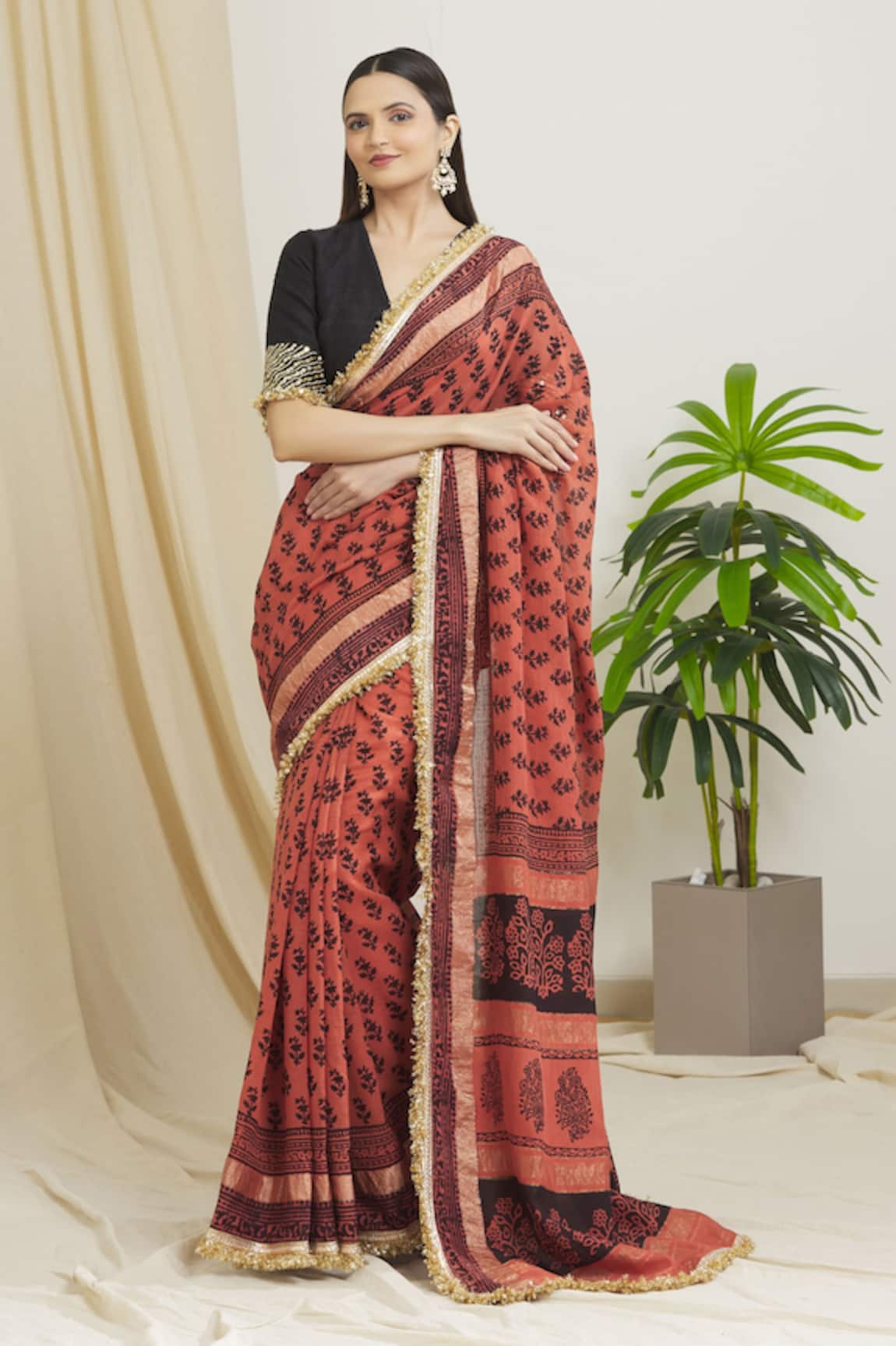 Surendri Floral Print Saree With Embroidered Blouse