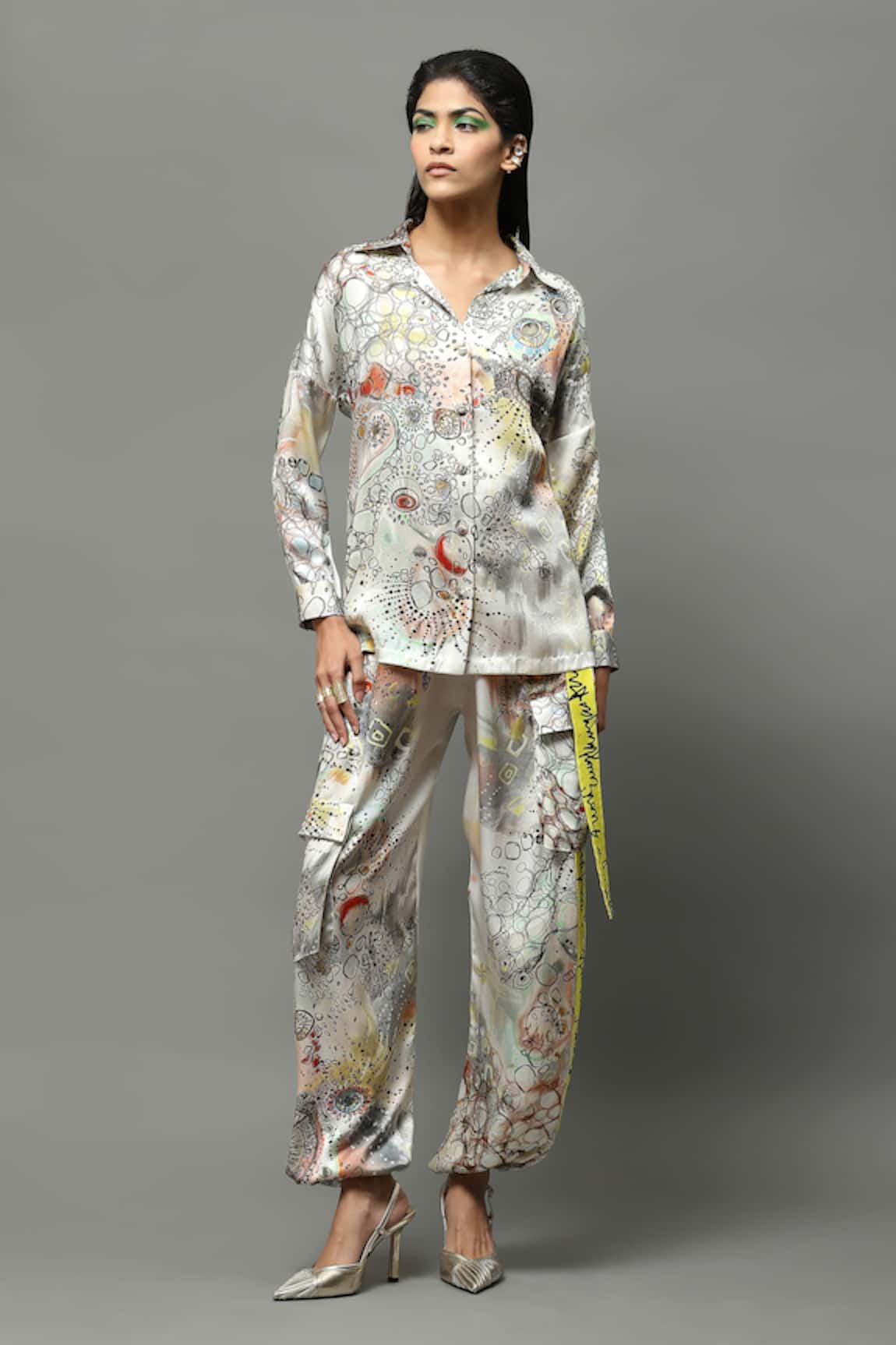 AK-OK Abstract Print Satin Top & Joggers Set