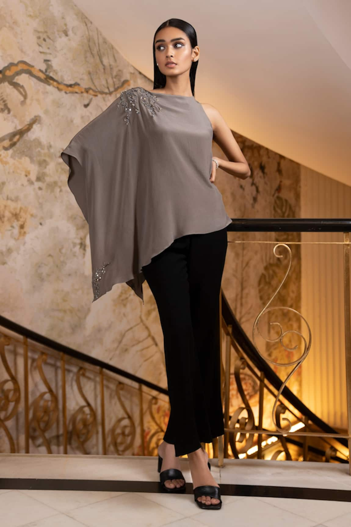 Label Ruhbab Asymmetric Silk Crepe Draped Top