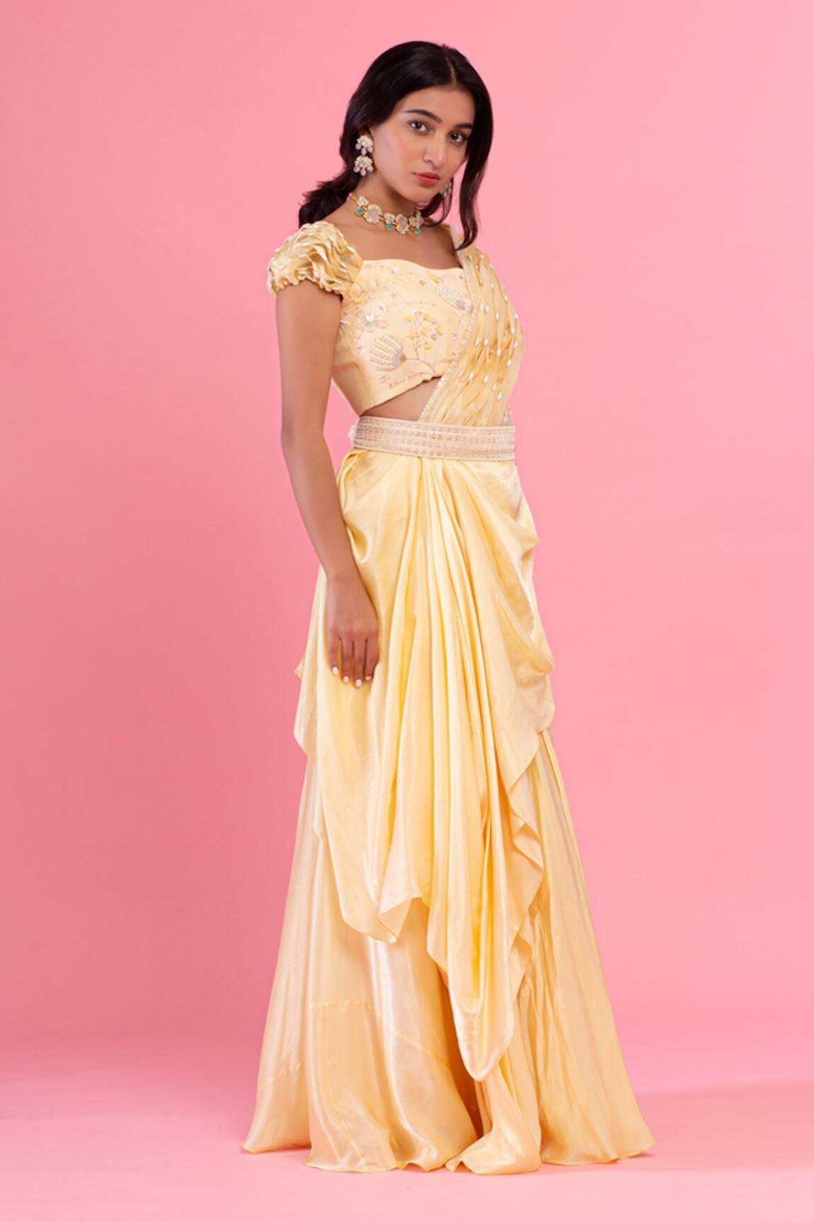Piri India Silk Pre-Draped Saree With Crop Top 