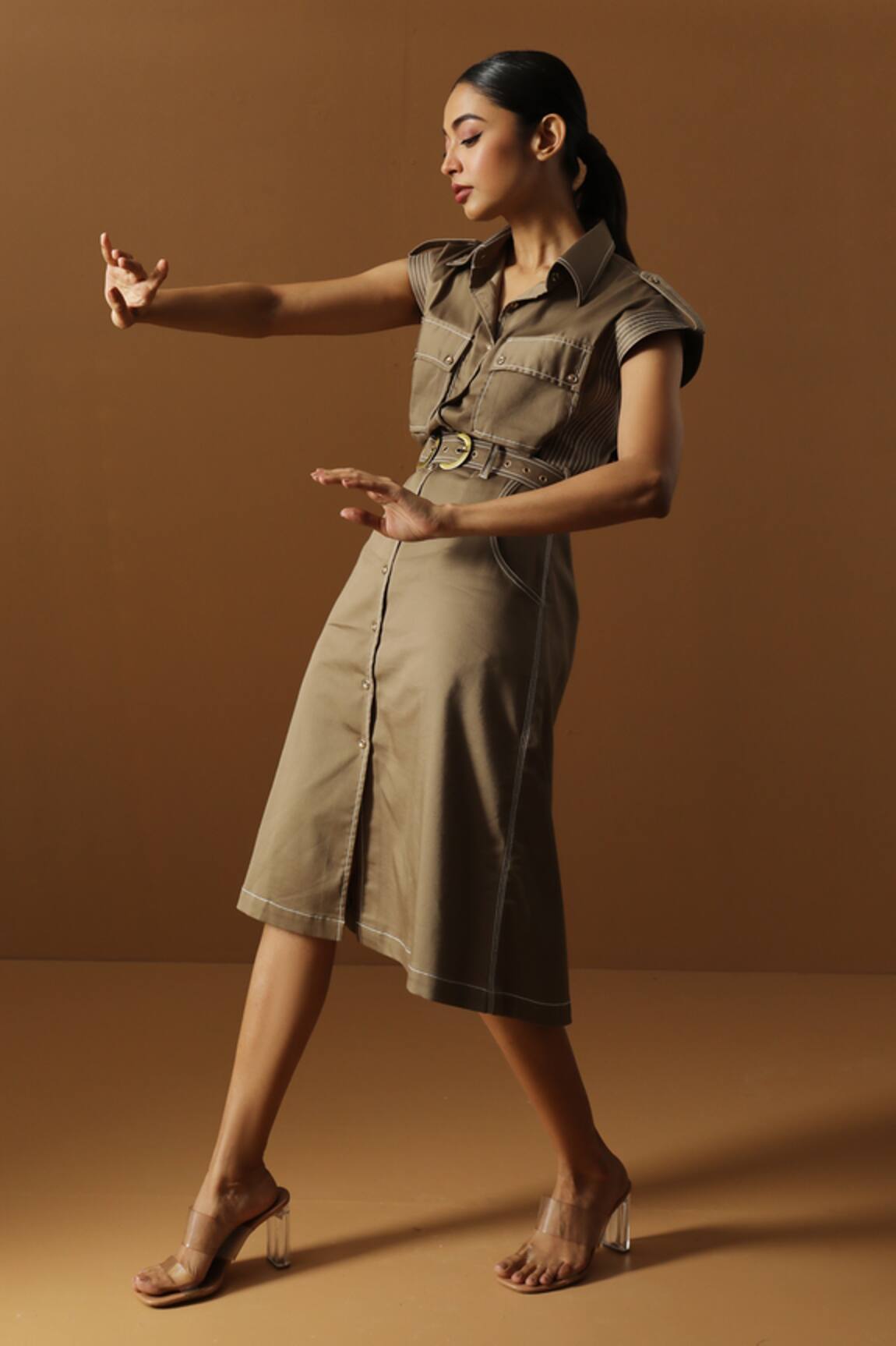 Veera Wear Solid Beige Cotton Midi Dress With Belt