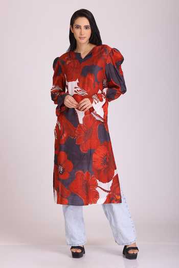 Alpona Designs By Soham Acharya Hibiscus Print Puff Sleeve Dress 