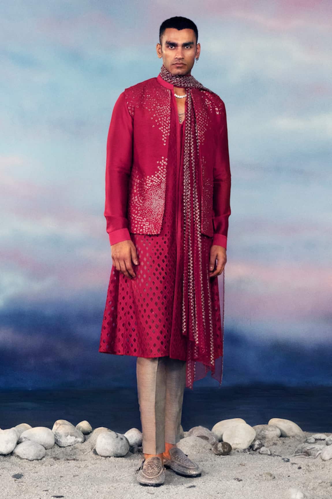 Rohit Gandhi + Rahul Khanna Geometric Embellished Bundi & Kurta Set