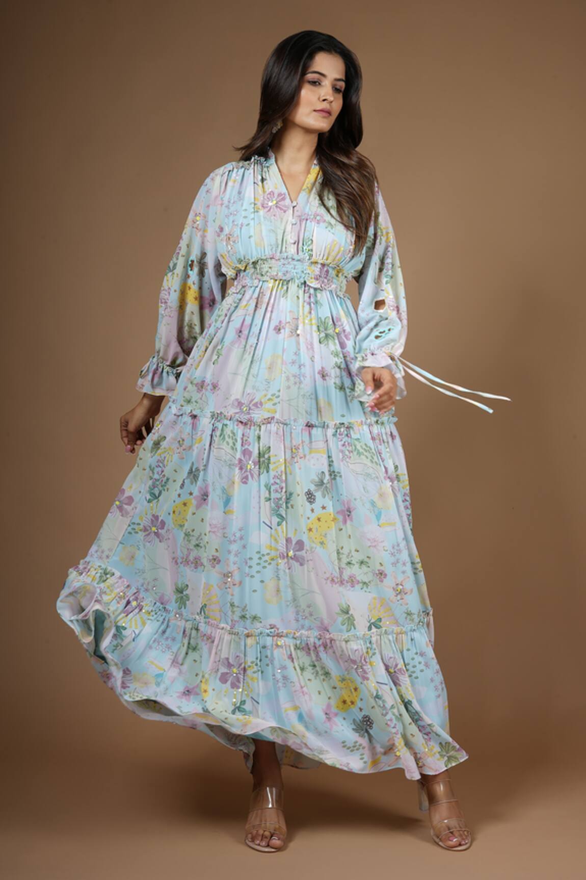 Vana Ethnics Vintage Botanical Print Gathered Dress 