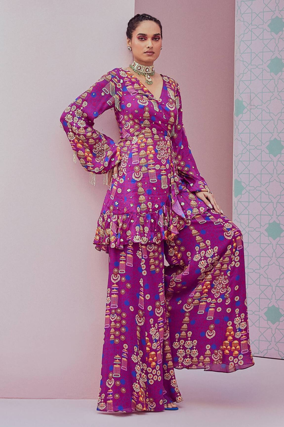 Krisha Sunny Ramani Crystal Tassel Embellished Angrakha With Sharara 