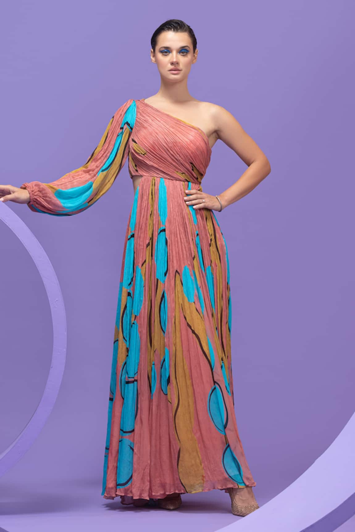 Nautanky Artistic Print One-Shoulder Crinkled Gown