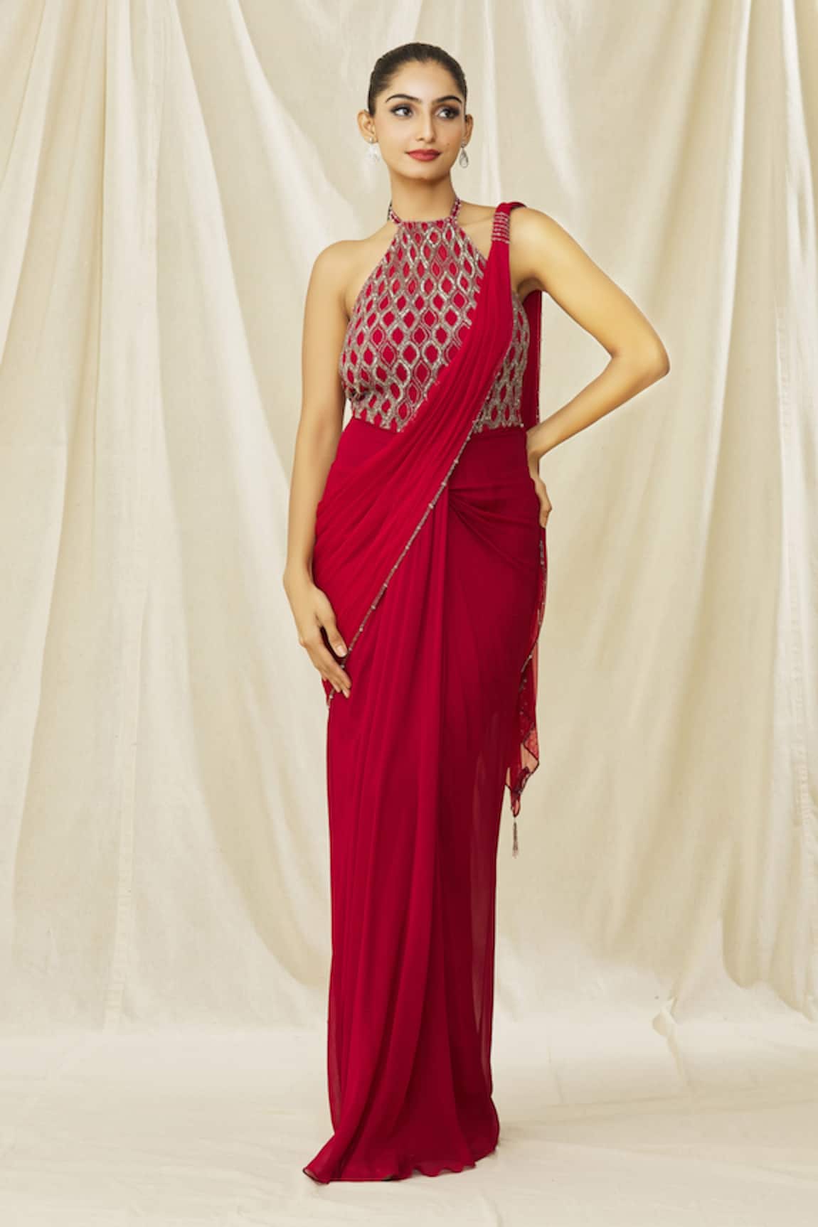 ARPAN VOHRA Halter Neck Embellished Saree Gown