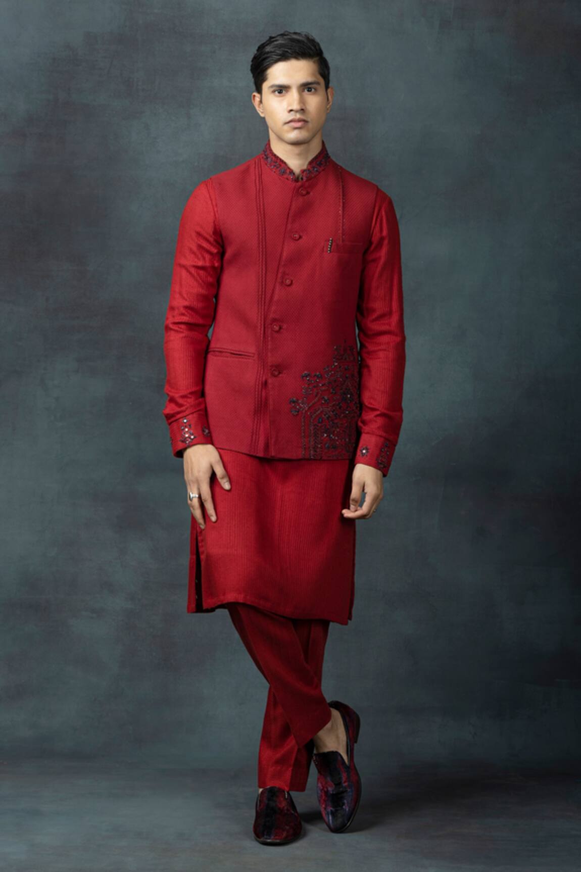 Sarab Khanijou Floral Placement Work Waist Coat & Kurta Set