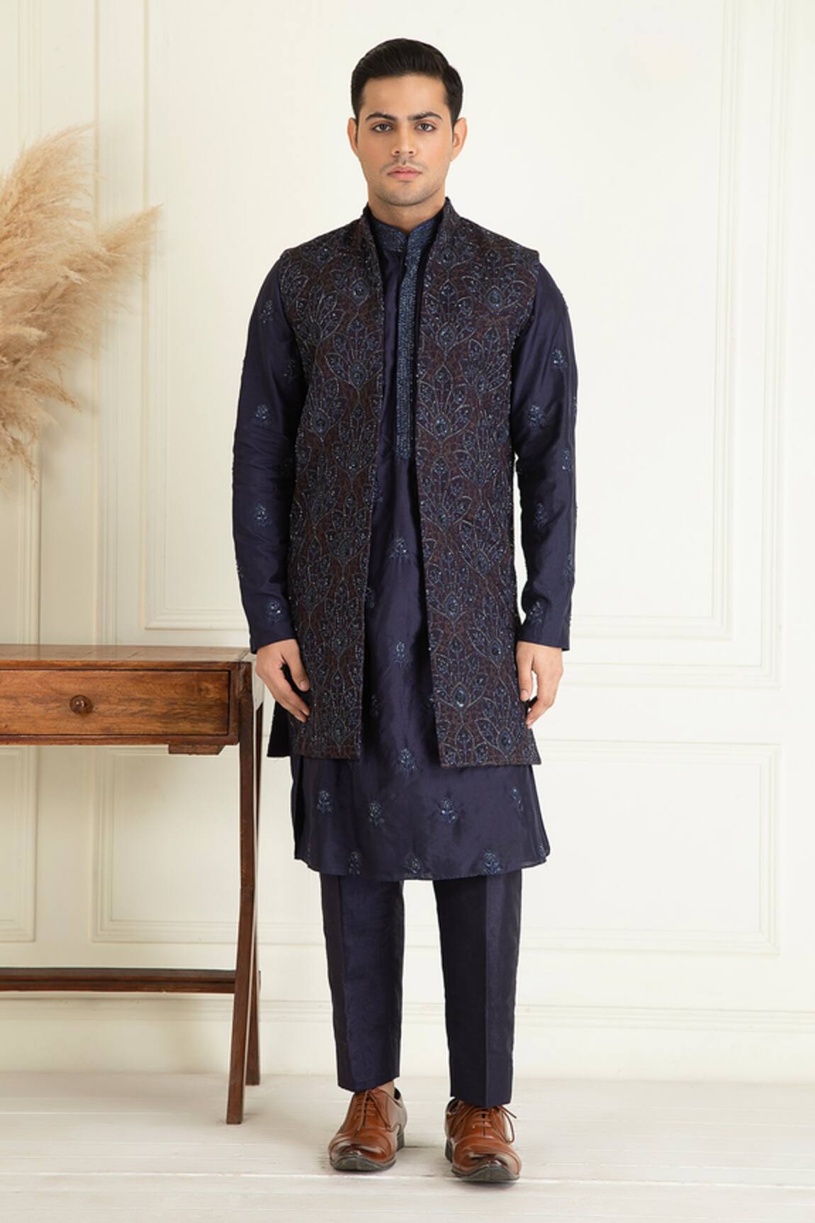 Priyanka Jain Blue Silk Embroidered Bundi Kurta Set