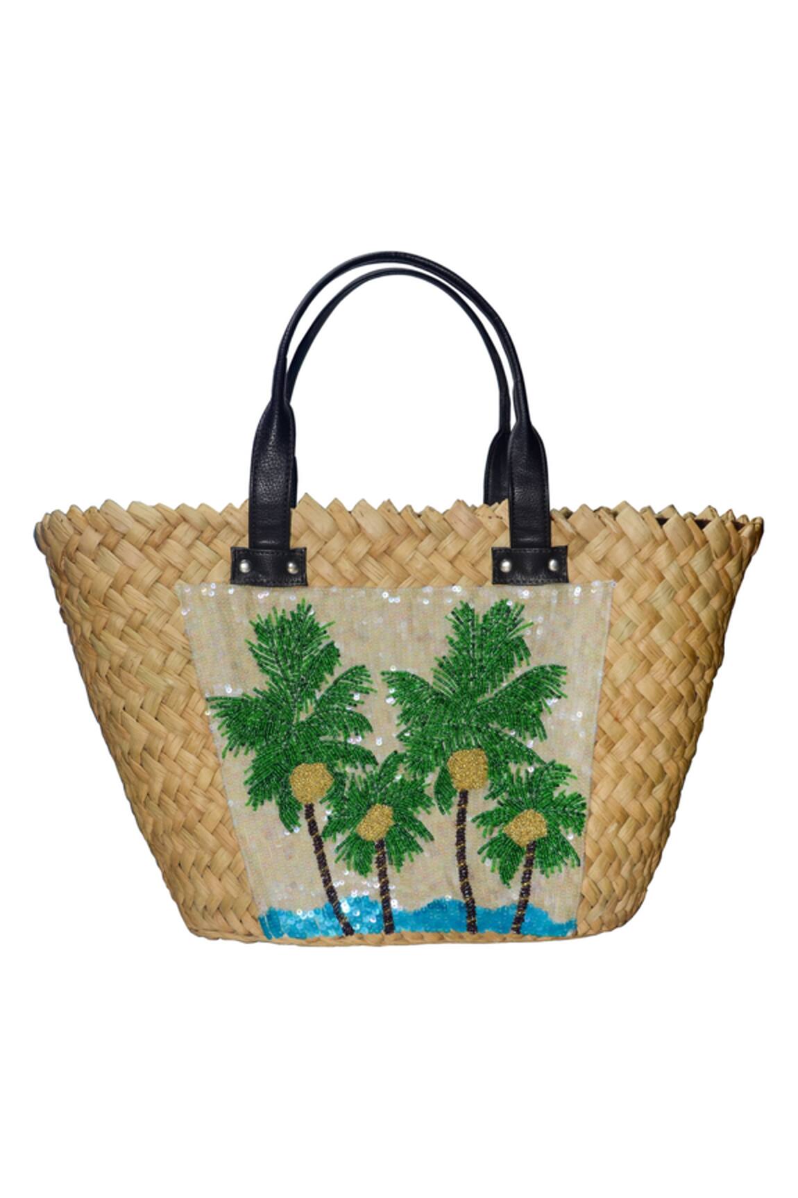 Ginn And Tonik Palm Tree Embellished Basket Woven Beach Bag 