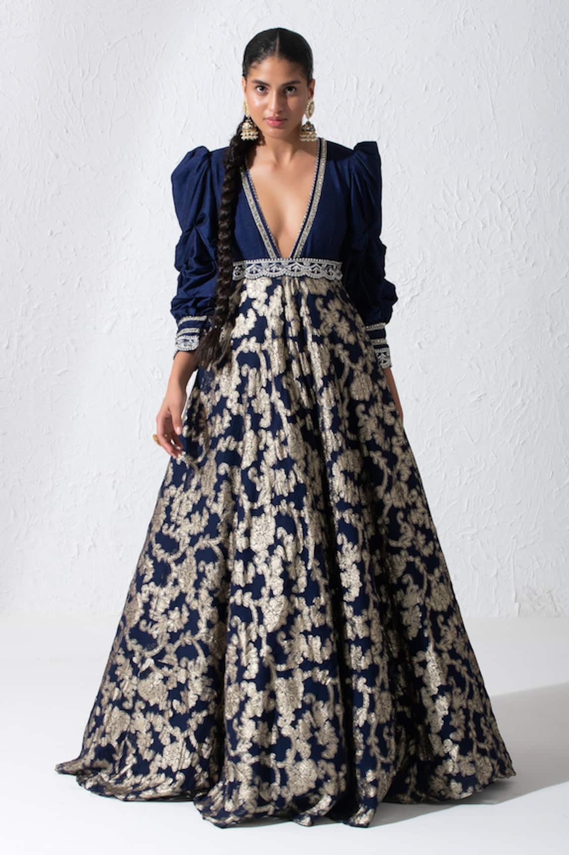 Rishi and Vibhuti Modesty Neckline Embroidered Dress With Belt