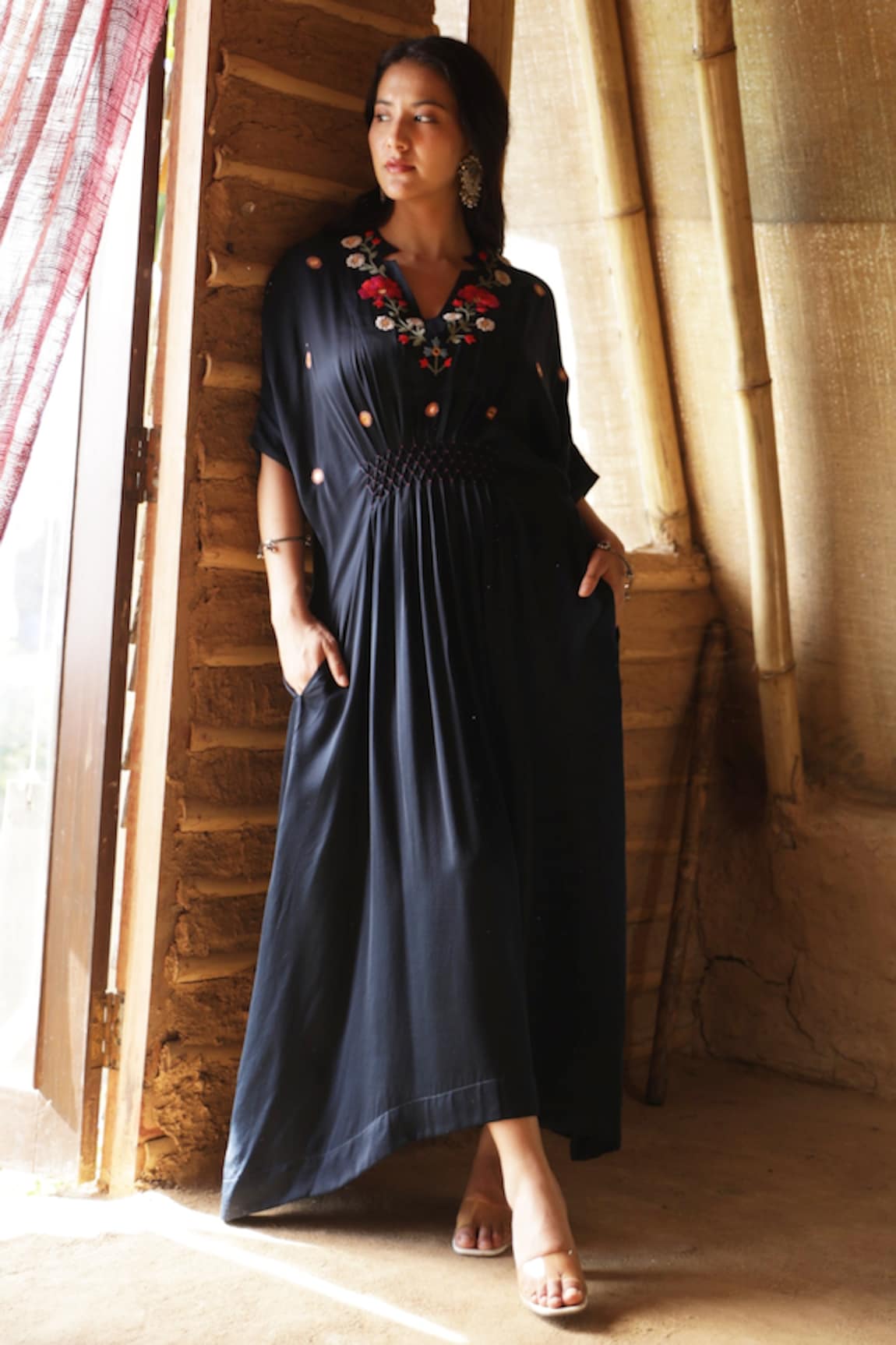 Raiman Embroidered Smocked Kaftan Dress